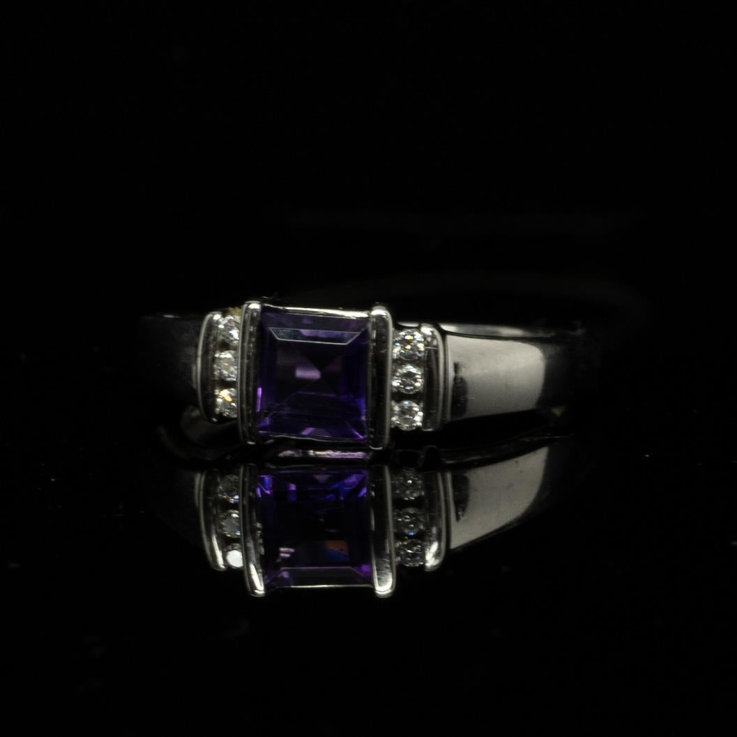 Purple Amethyst Square Step Cut w Round Diamonds 14k White Gold Ring