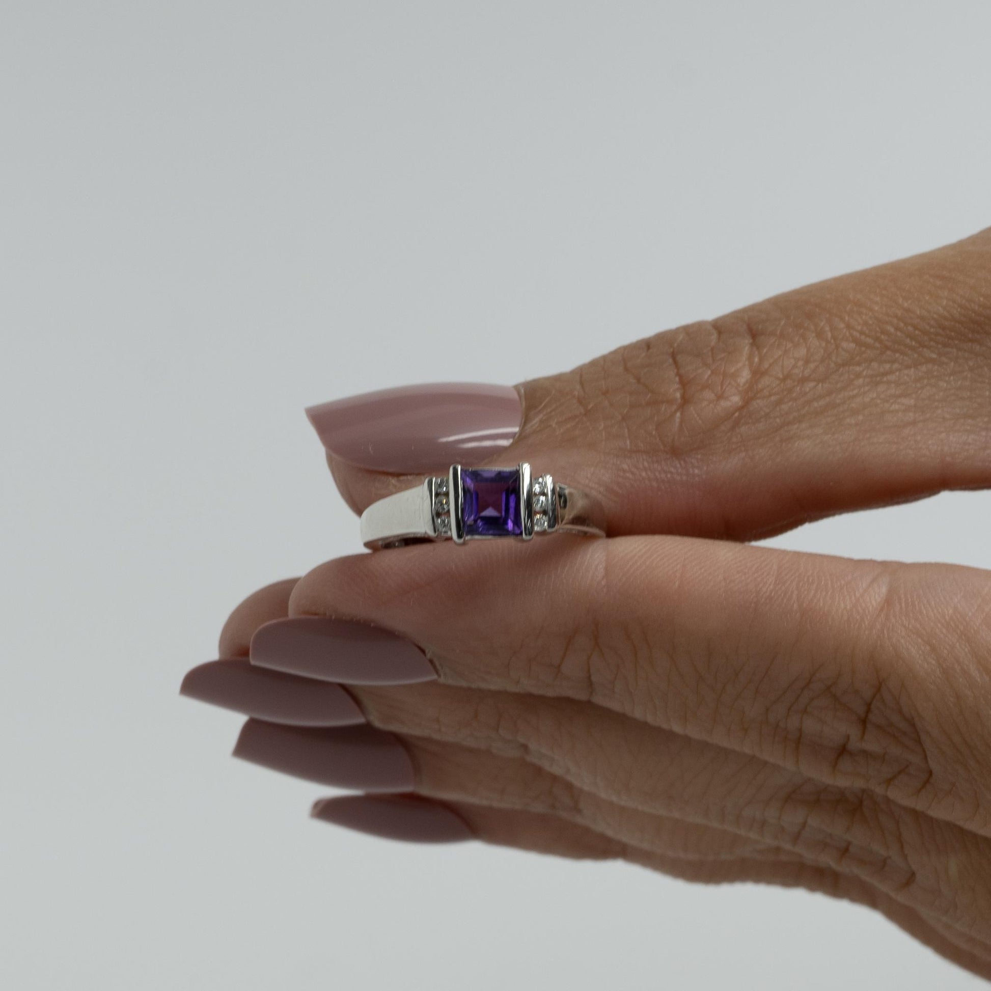 Purple Amethyst Square Step Cut w Round Diamonds 14k White Gold Ring