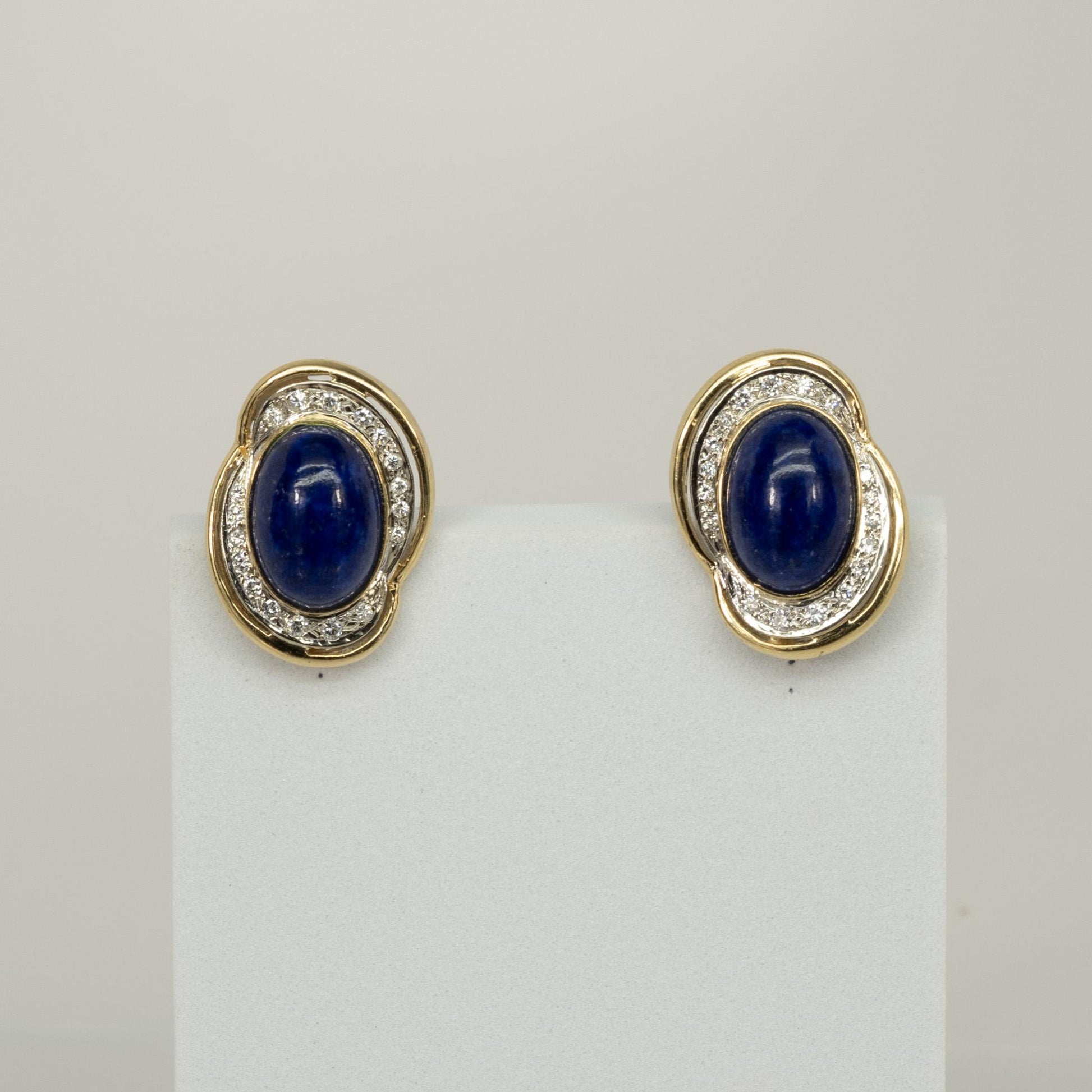 Blue Oval Lapis and Diamond 14k Yellow Gold Omega Back Earrings