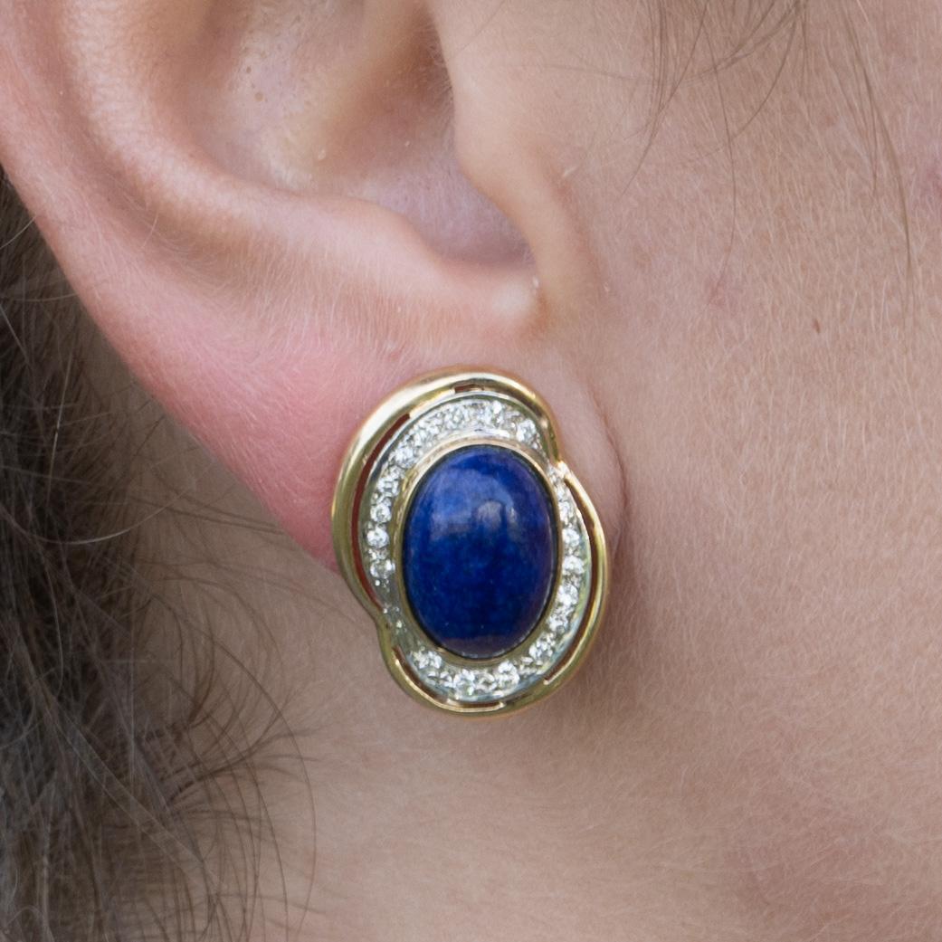 Blue Oval Lapis and Diamond 14k Yellow Gold Omega Back Earrings