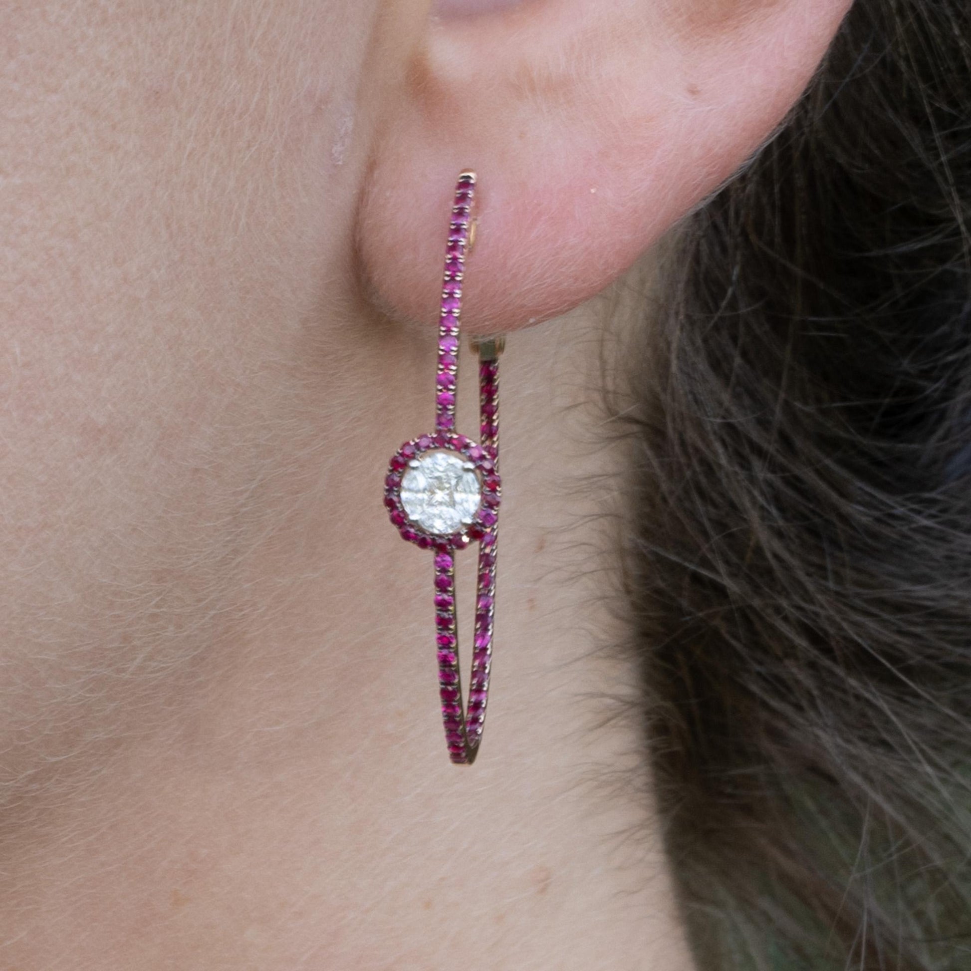 Ruby and Diamond Inside Out Hoops 14k Rose Gold Earrings