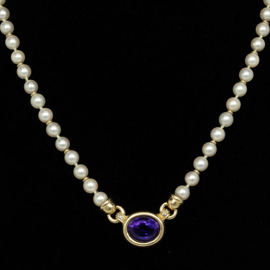 Pearl and 14K Gold Bead Necklace w Bezel Set Amethyst Pendant