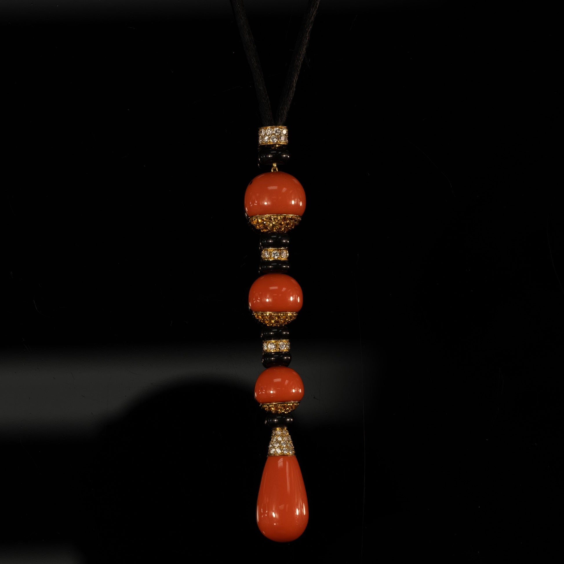 Coral Onyx & Diamond 18k Yellow Gold Drop Pendant Black Silk Rope Necklace