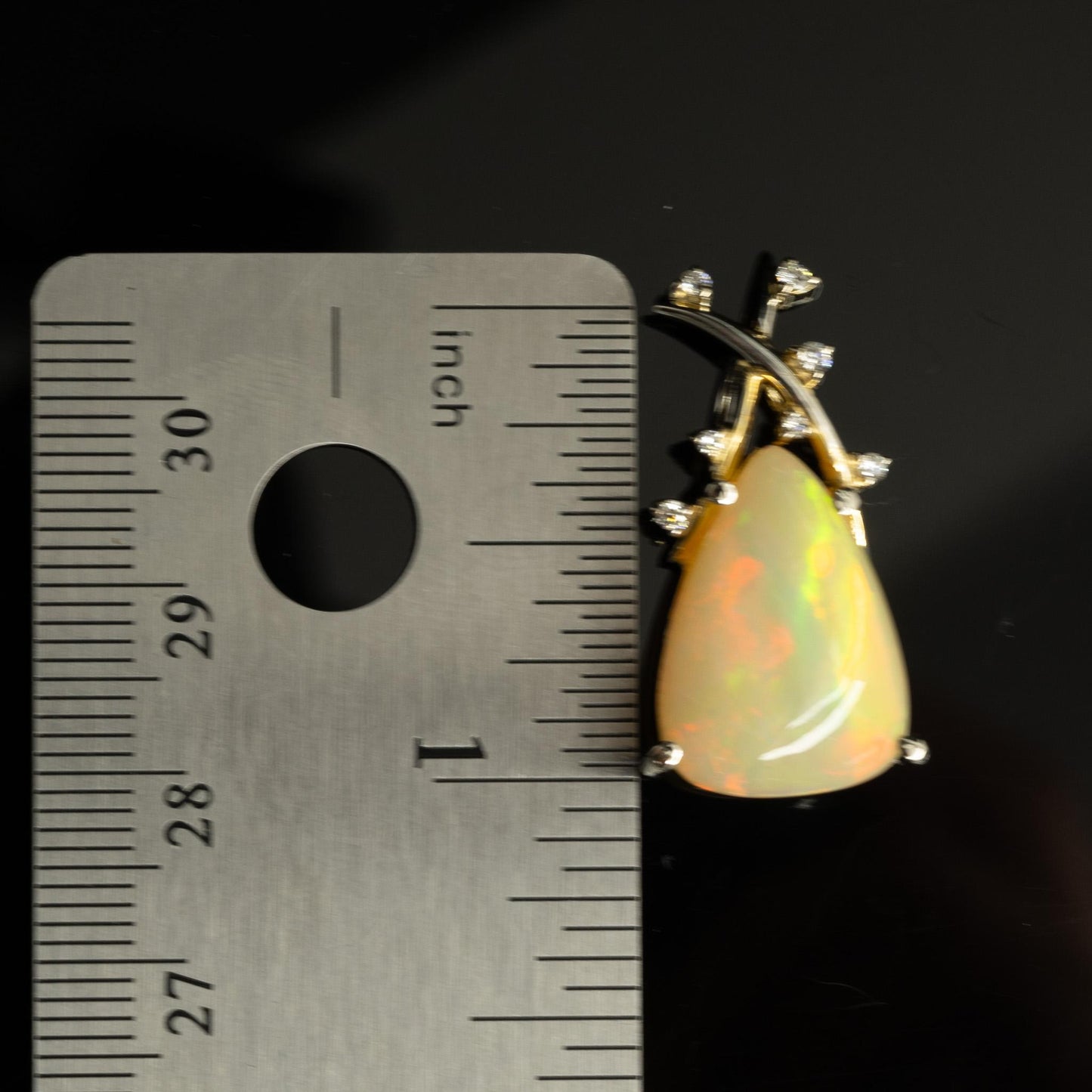 12ct Opal Cabochon & Diamond Two Tone 14k Pendant  Broad Orange & Yellow Flashes