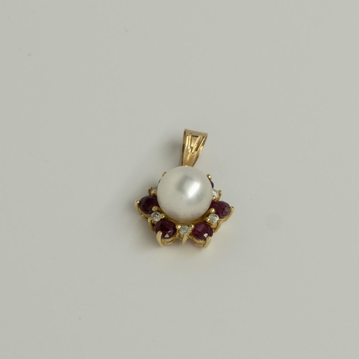 Pearl Ruby & Diamond Flower 14k Yellow Gold Pendant