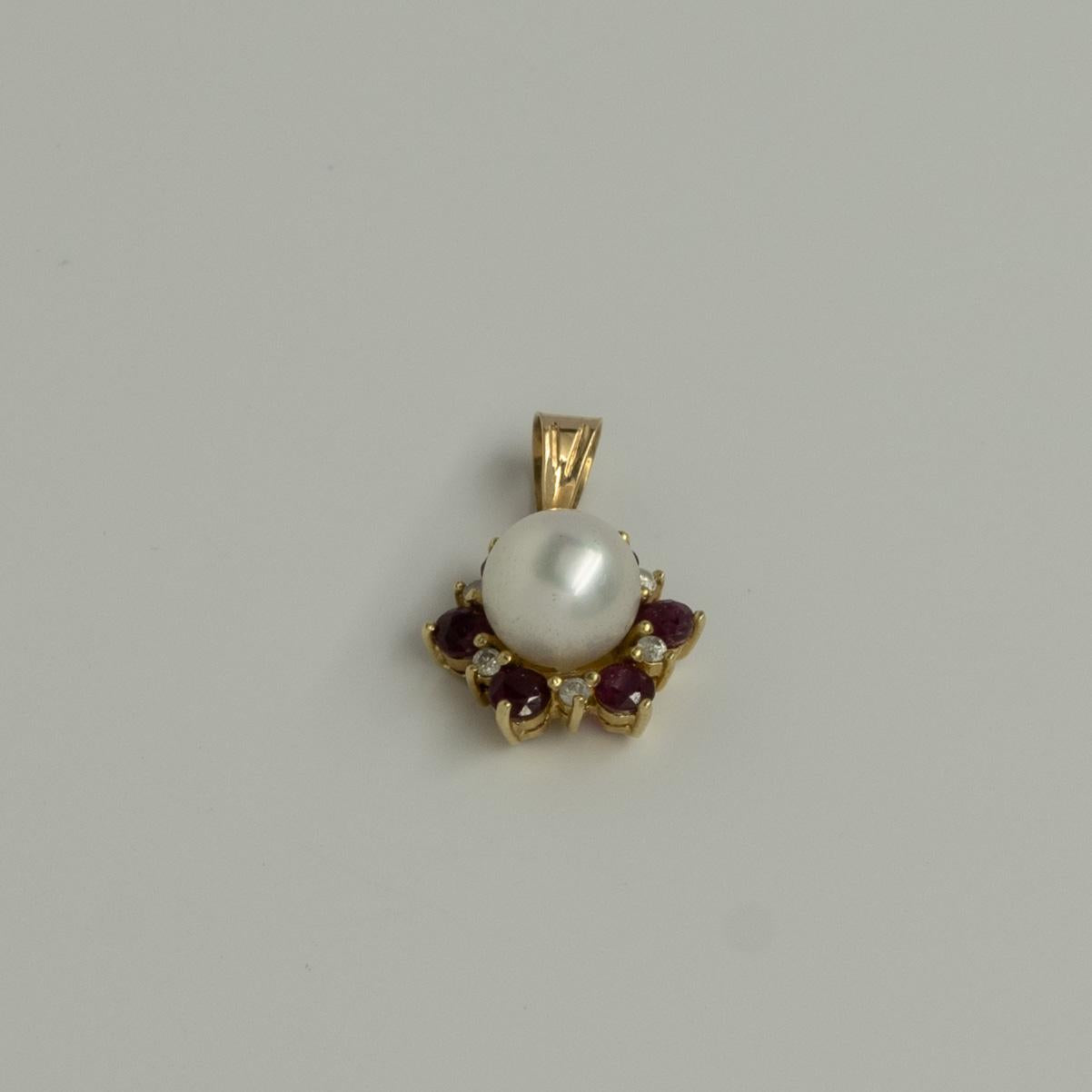 Pearl Ruby & Diamond Flower 14k Yellow Gold Pendant