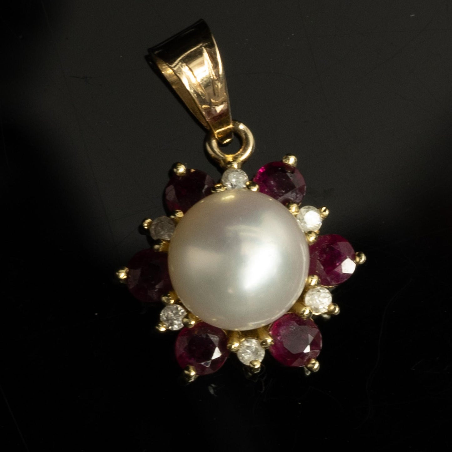 Pearl Ruby & Diamond Flower 14k Yellow Gold Pendant