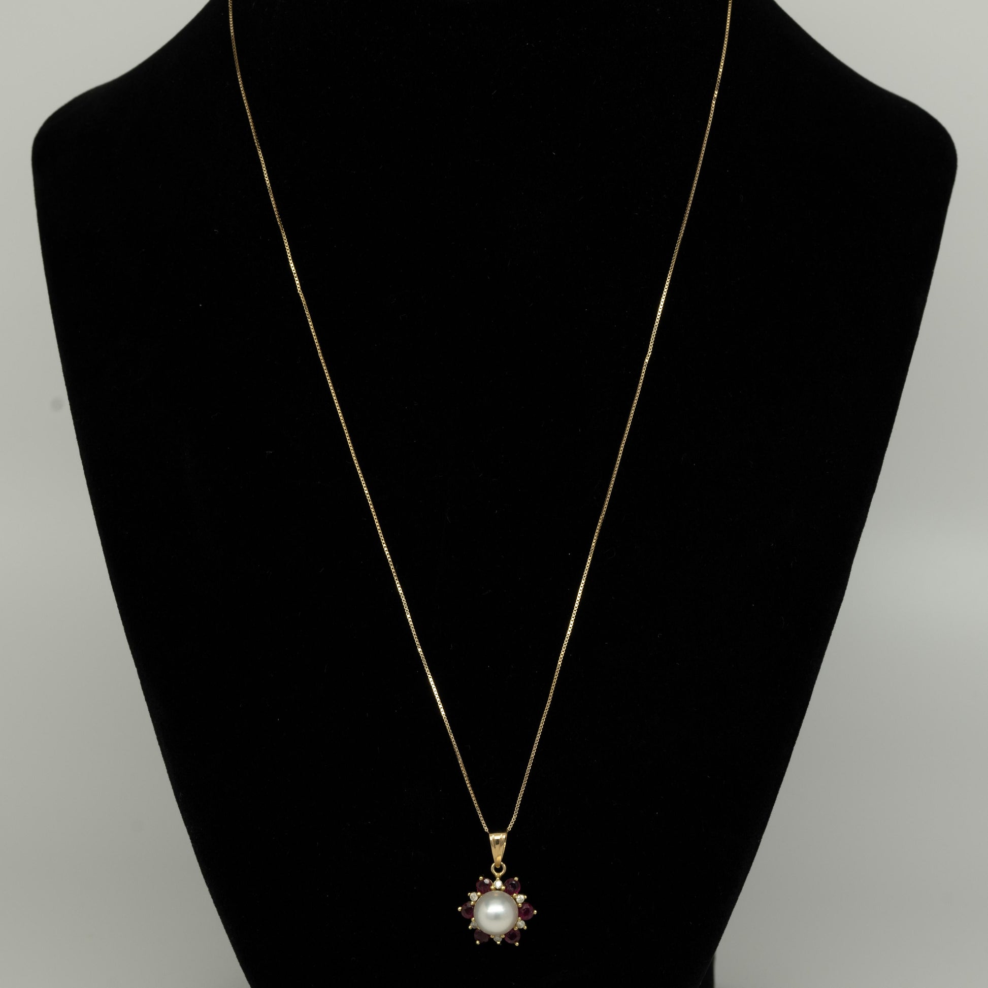 Pearl Ruby & Diamond Flower 14k Yellow Gold Pendant