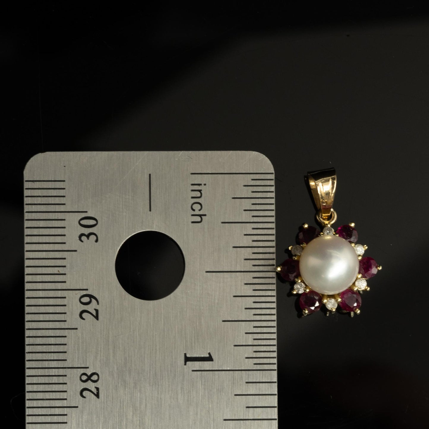 Pearl Ruby & Diamond Flower 14k Yellow Gold Pendant