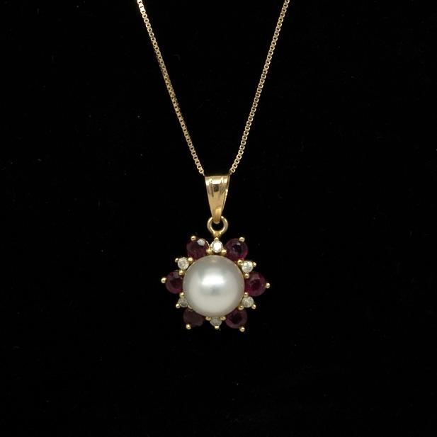 Pearl Ruby & Diamond Flower 14k Yellow Gold Pendant