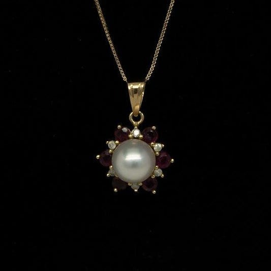 Pearl Ruby & Diamond Flower 14k Yellow Gold Pendant