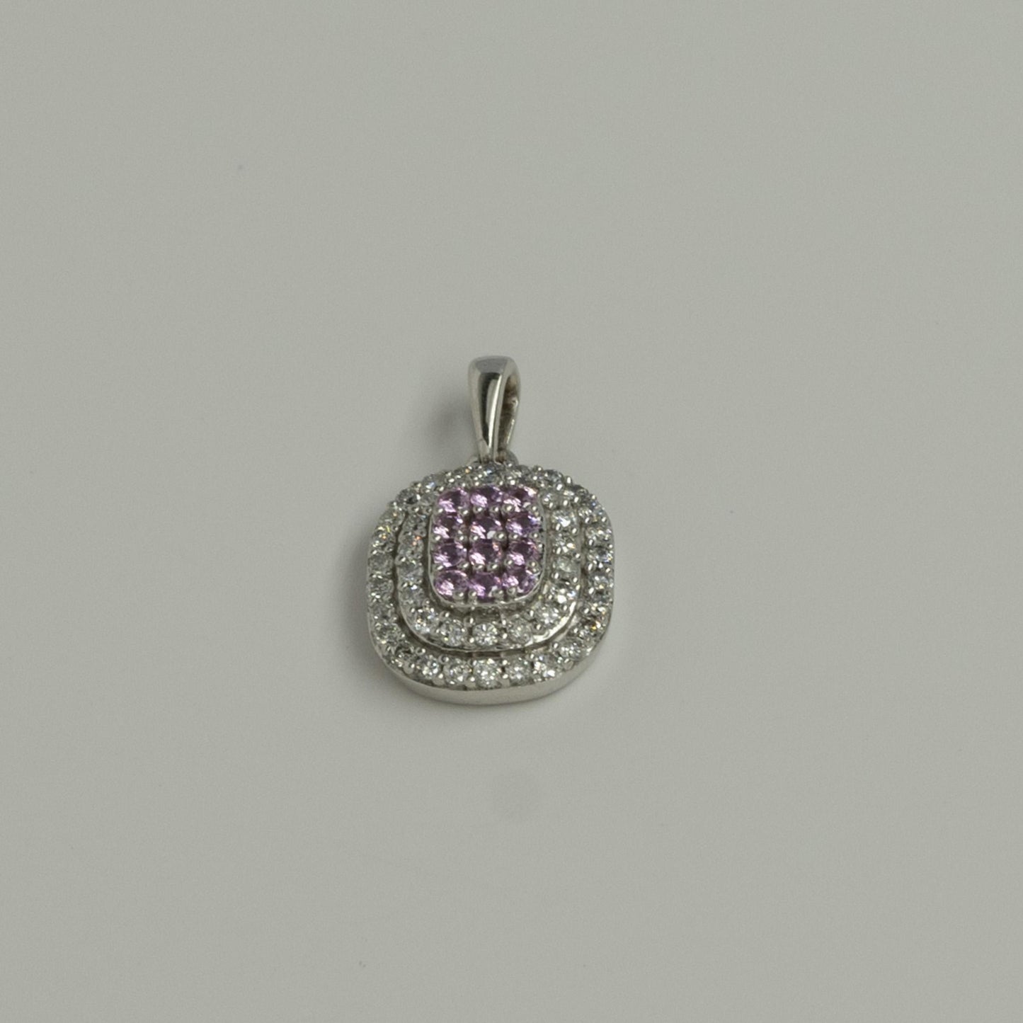 Pink Sapphire and Diamond Double Halo White Gold Pendant