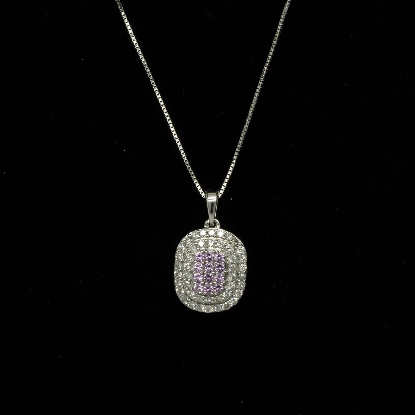 Pink Sapphire and Diamond Double Halo White Gold Pendant