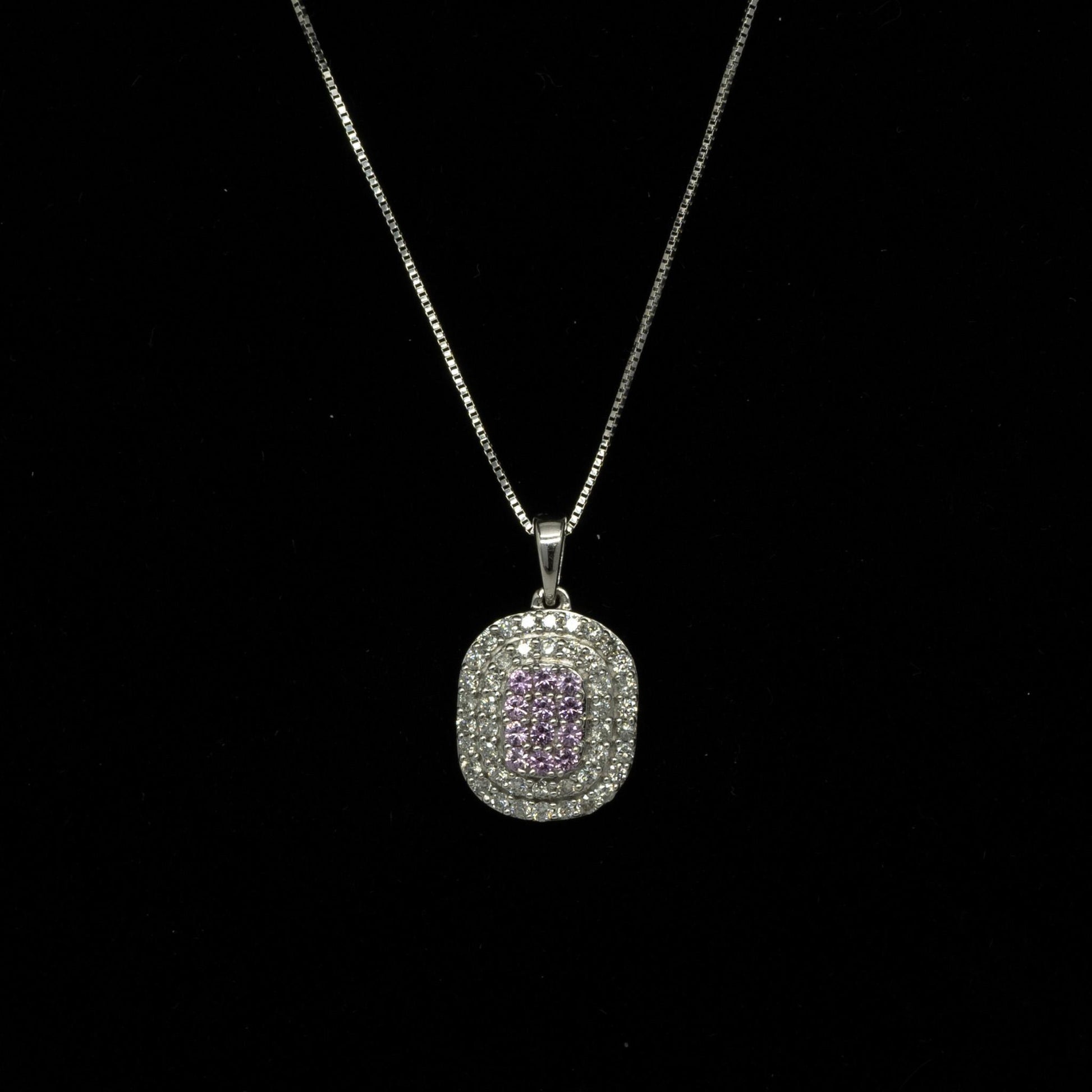 Pink Sapphire and Diamond Double Halo White Gold Pendant