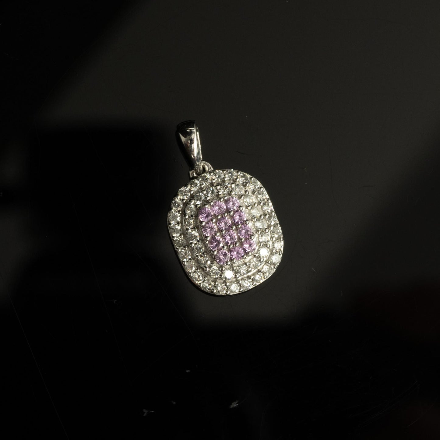 Pink Sapphire and Diamond Double Halo White Gold Pendant