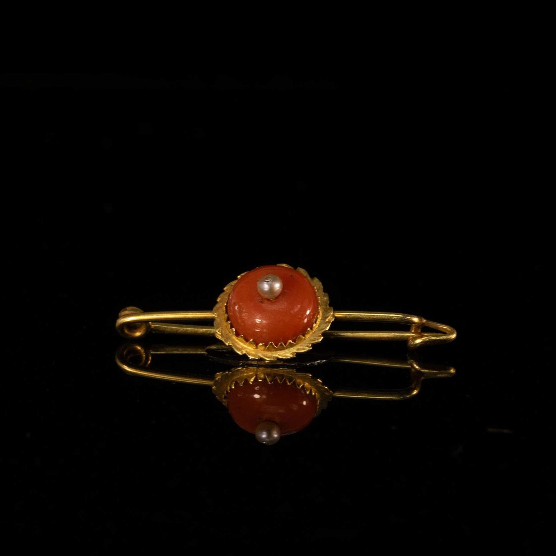 Antique Coral and Pearl 14k Yellow Gold Brooch