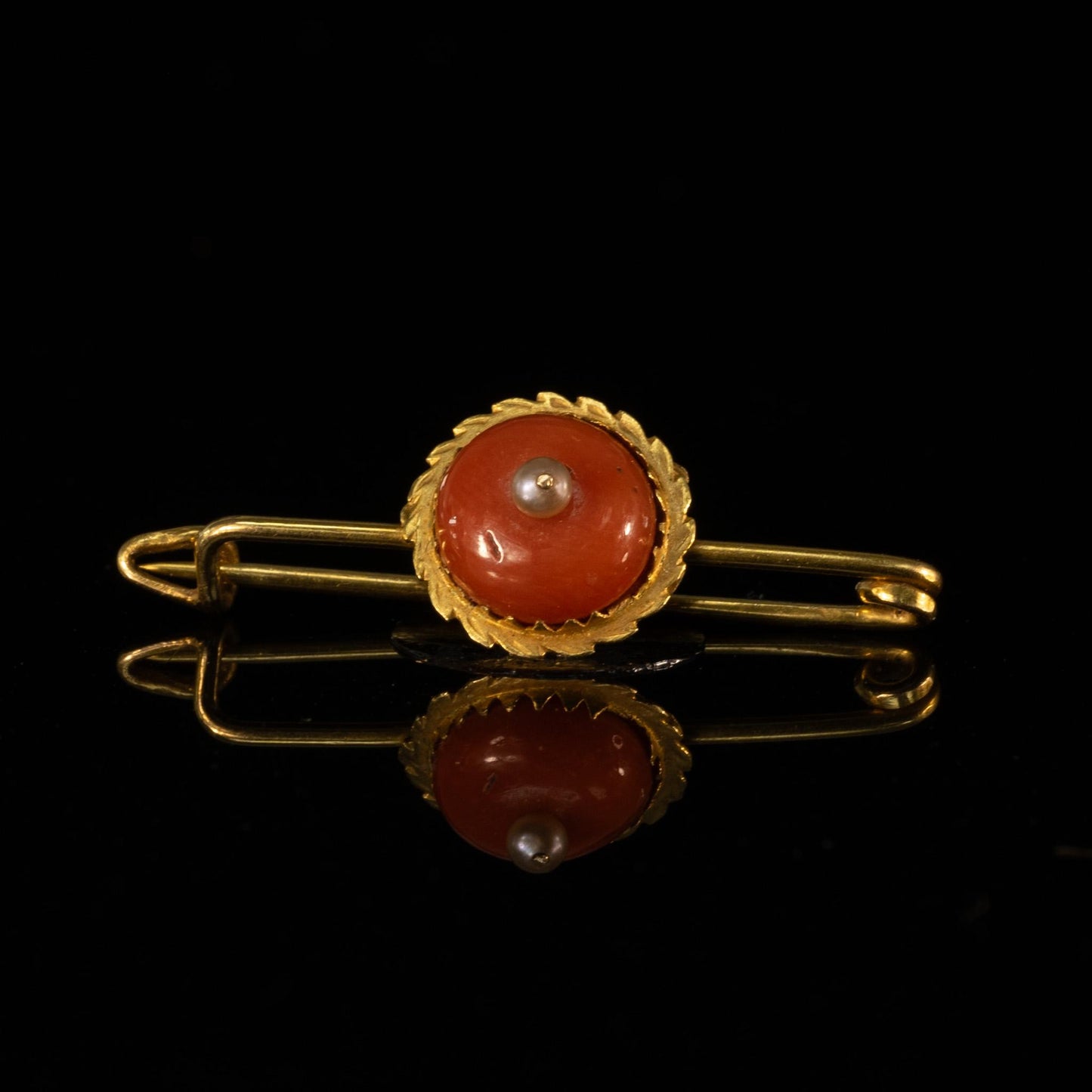 Antique Coral and Pearl 14k Yellow Gold Brooch