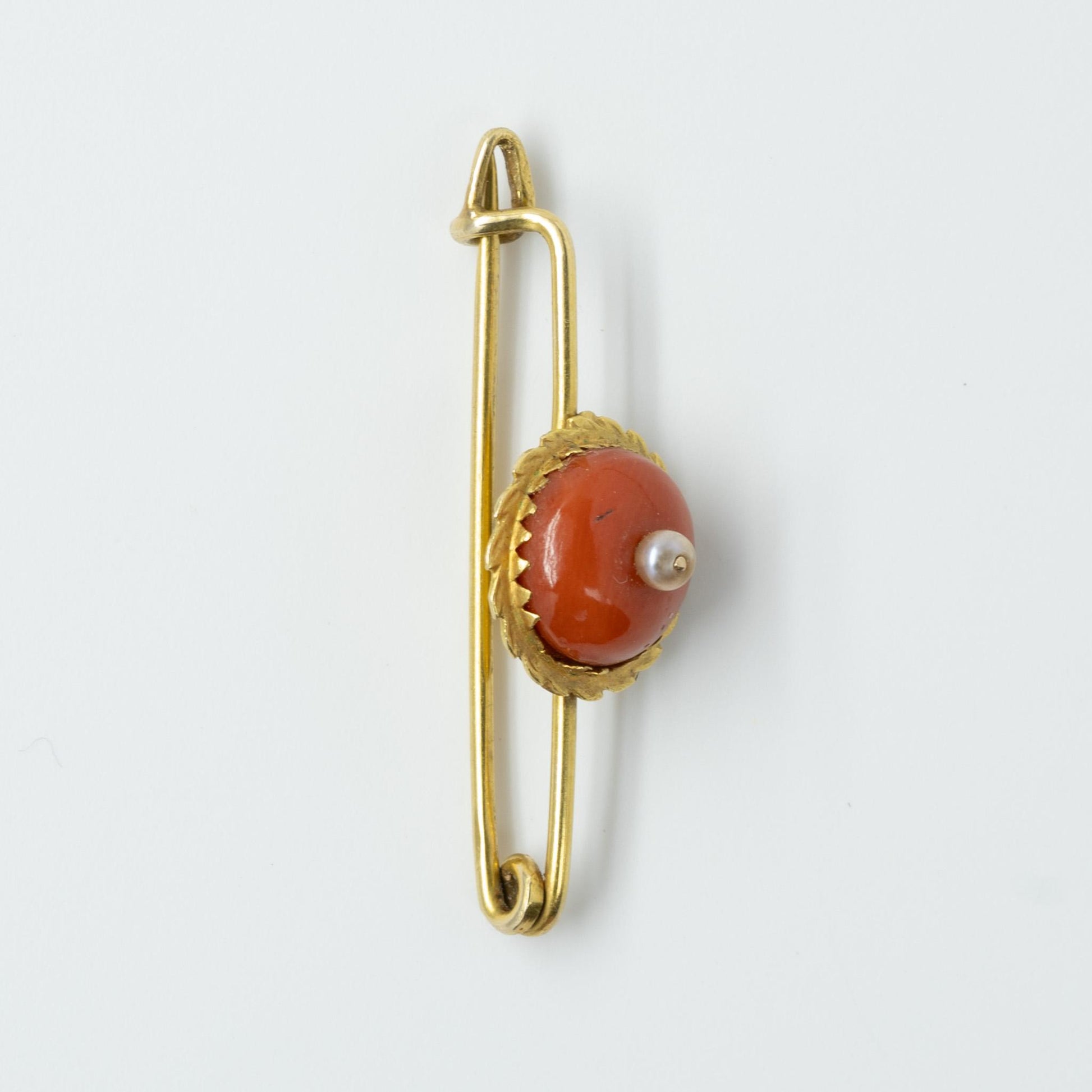 Antique Coral and Pearl 14k Yellow Gold Brooch