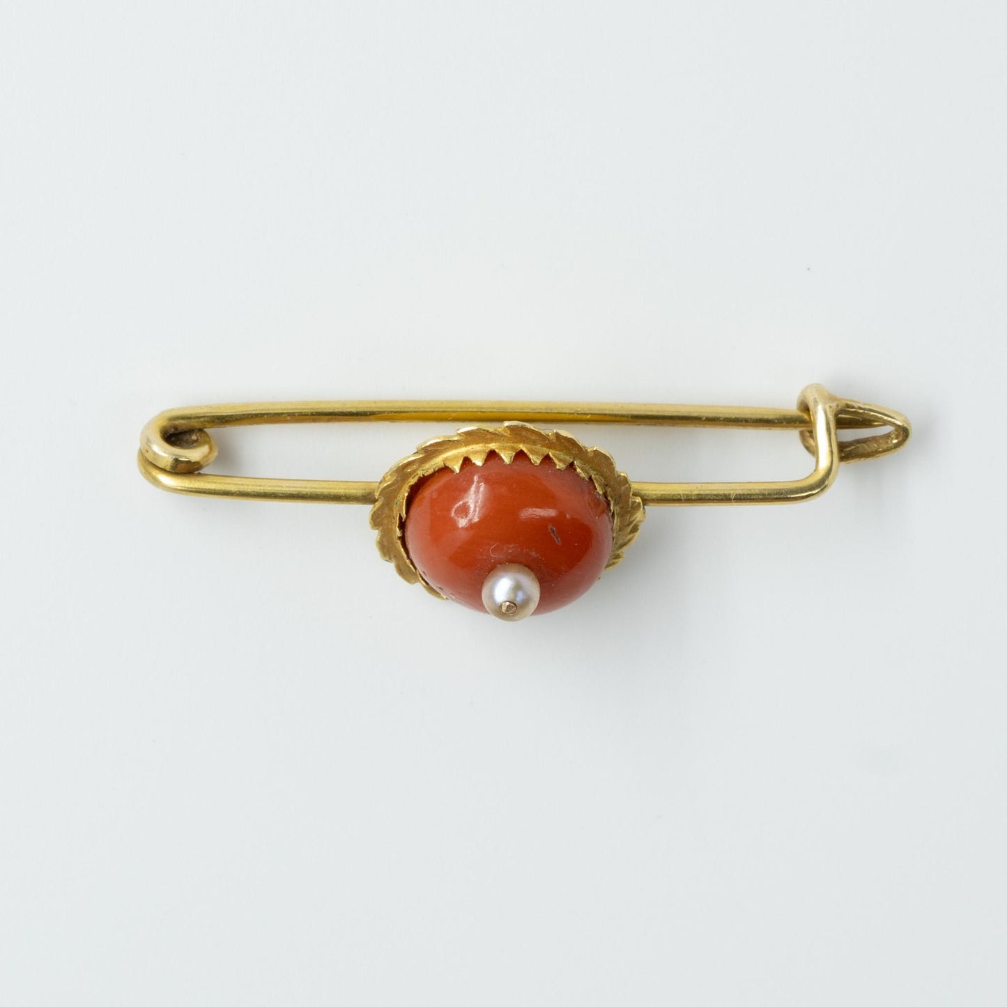 Antique Coral and Pearl 14k Yellow Gold Brooch