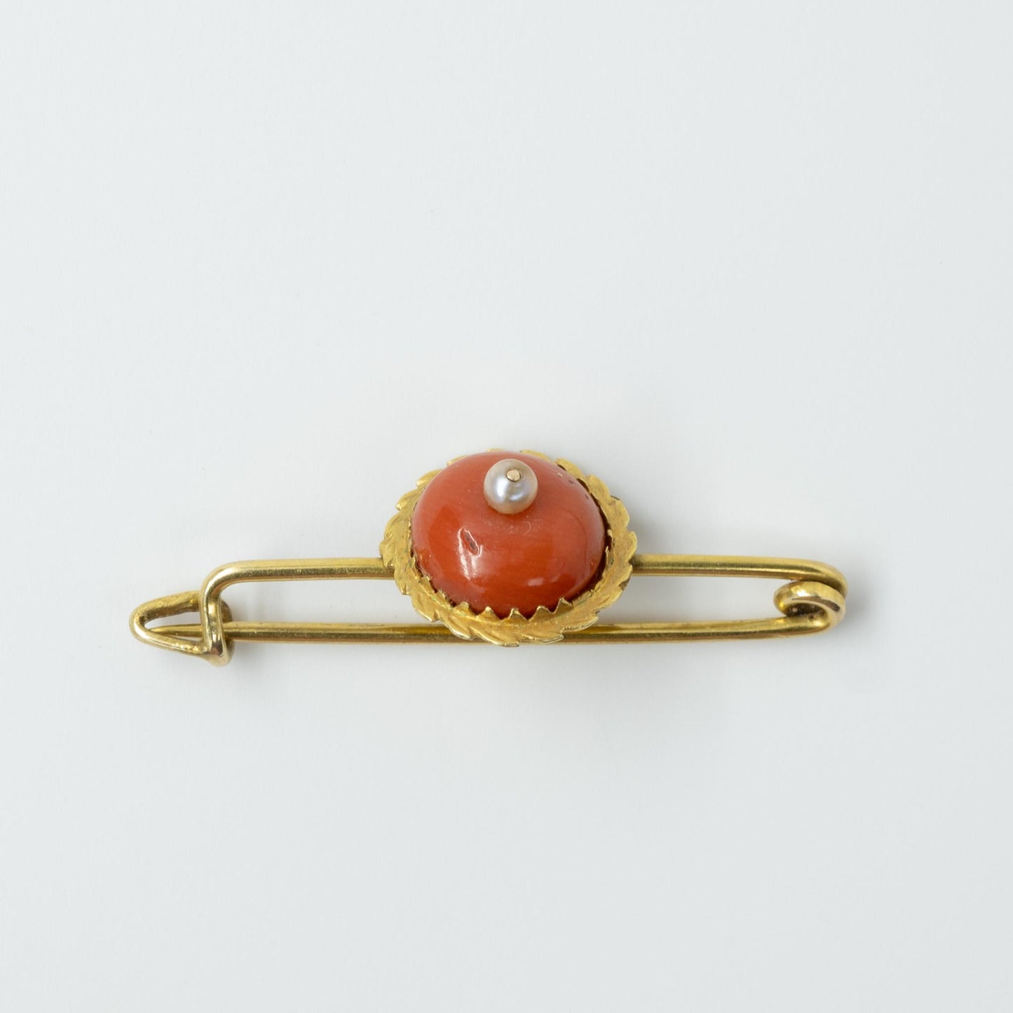 Antique Coral and Pearl 14k Yellow Gold Brooch