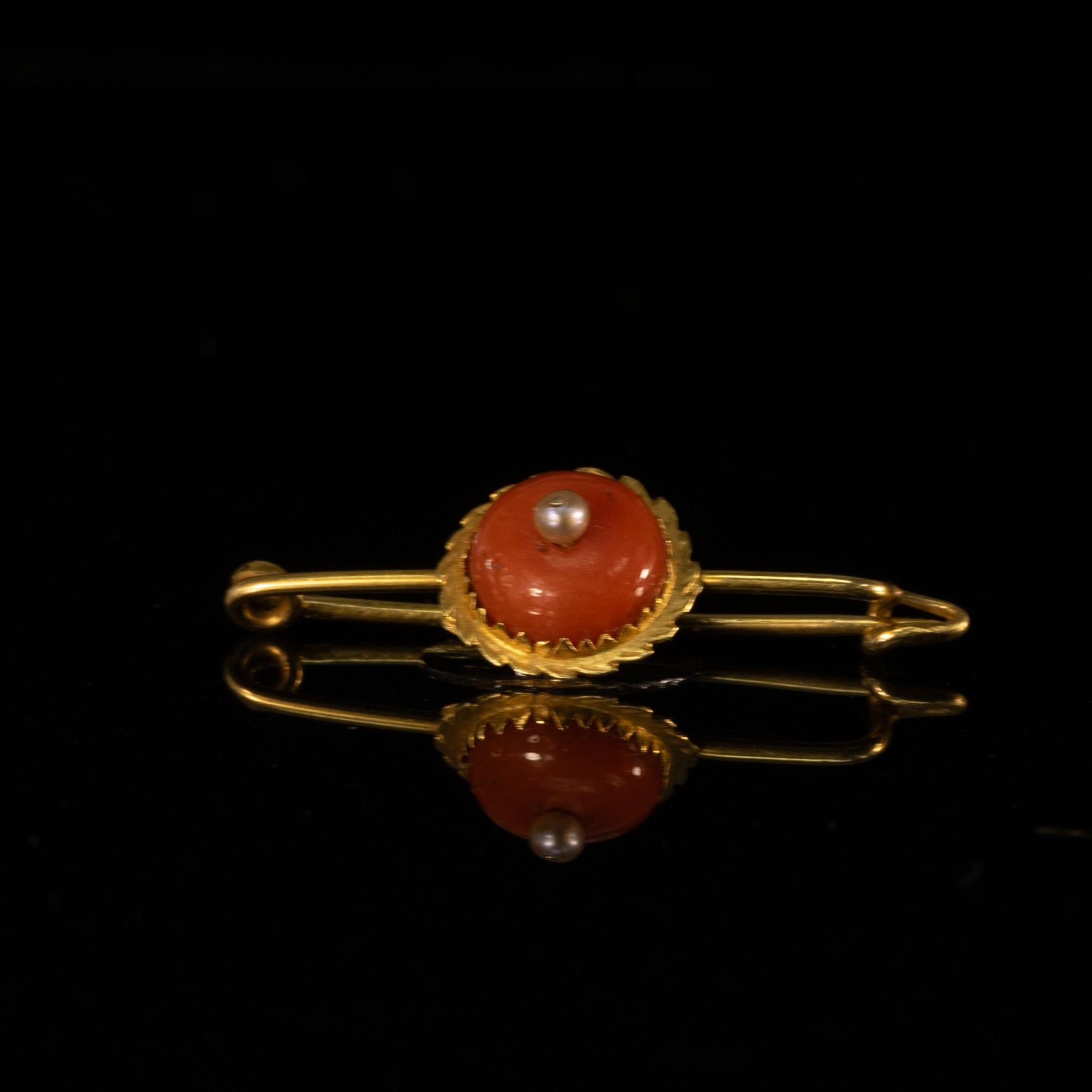 Antique Coral and Pearl 14k Yellow Gold Brooch