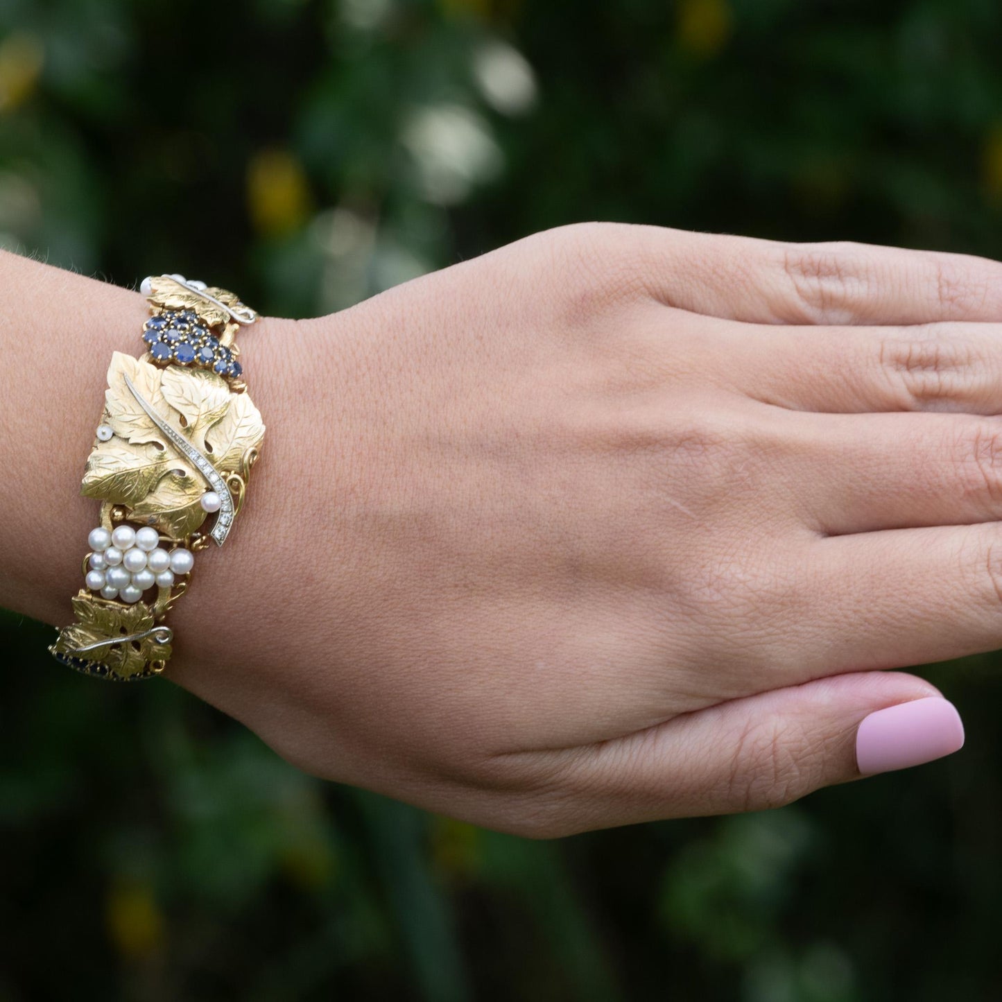 Omega Ladies 18K Gold Grape Leaf Sapphire Pearl & Diamond Bracelet Wrist Watch