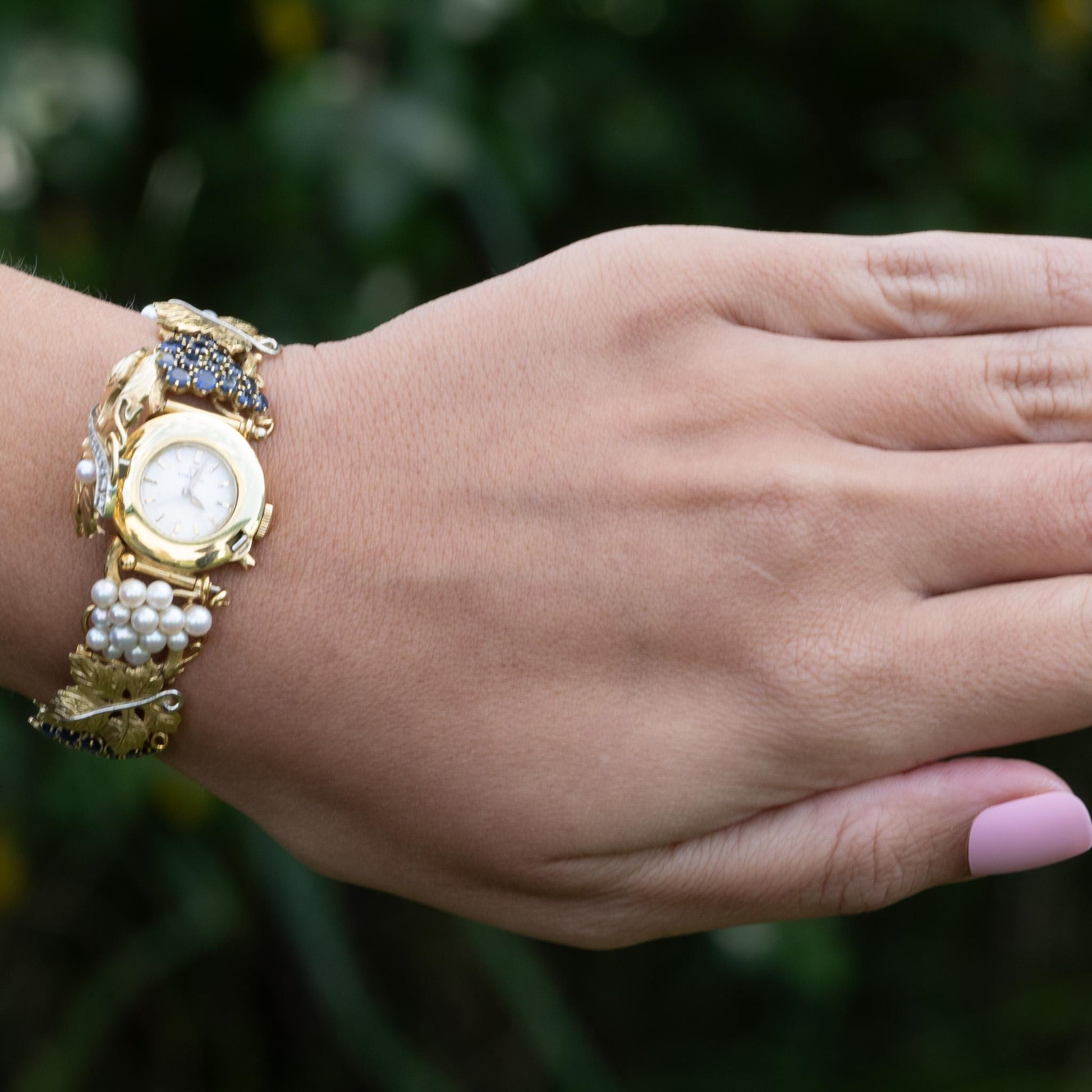 Omega Ladies 18K Gold Grape Leaf Sapphire Pearl & Diamond Bracelet Wrist Watch