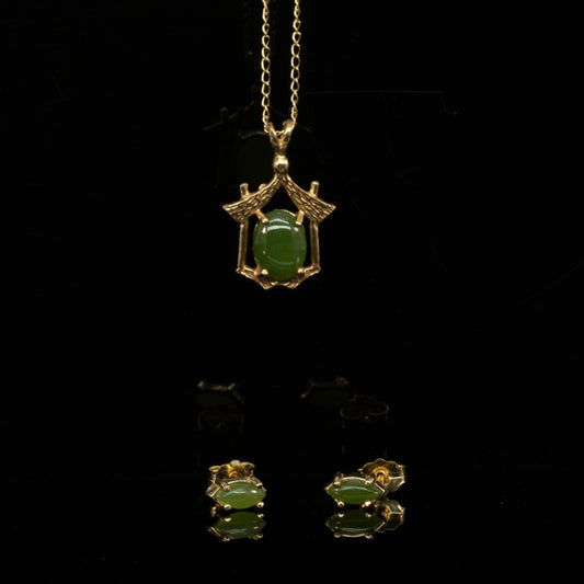 Nephrite Jade Oval 14K Yellow Gold Necklace & Earrings Set