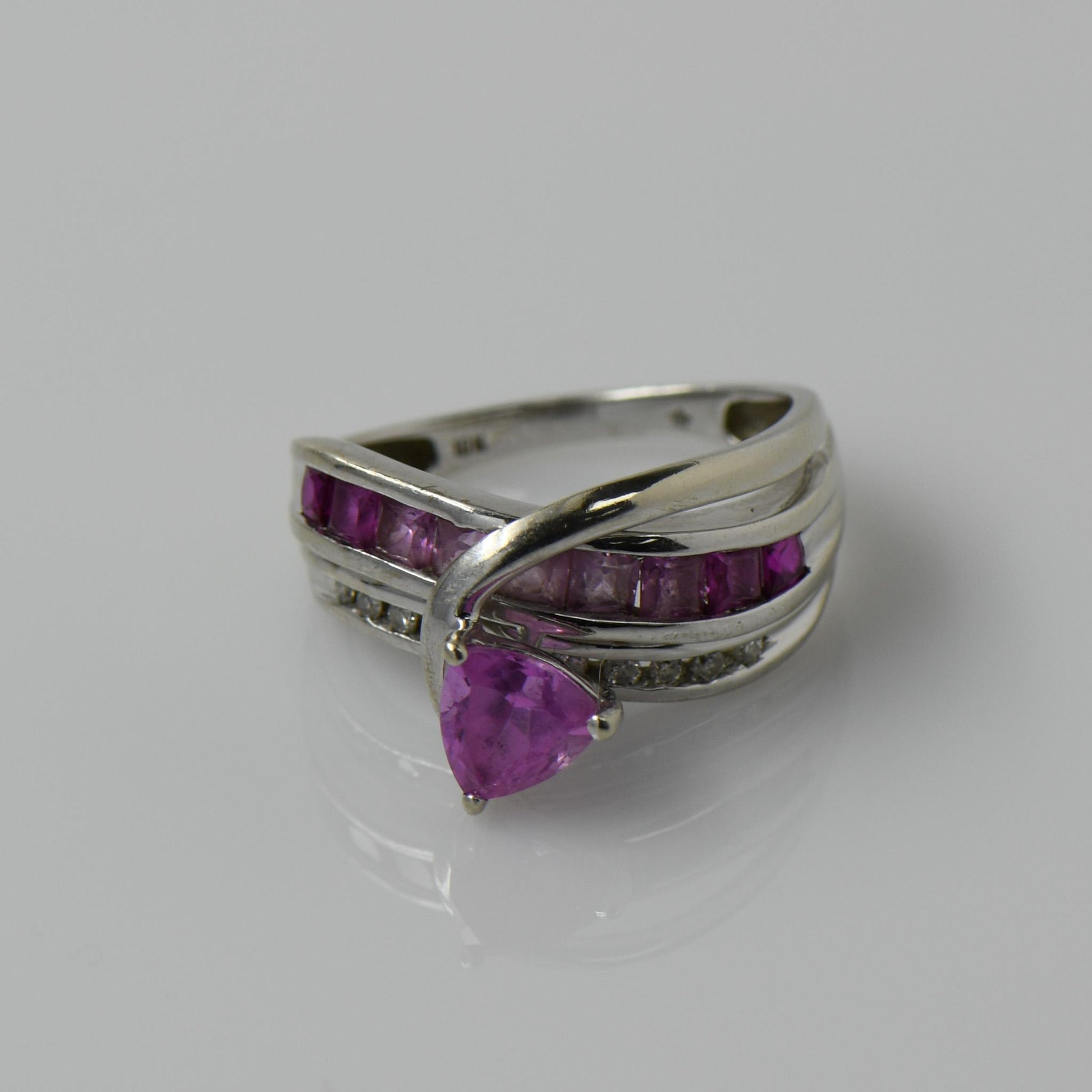 Pink Gradient Gemstone Trilliant & Princess Cut w Diamonds 10k White Gold Ring