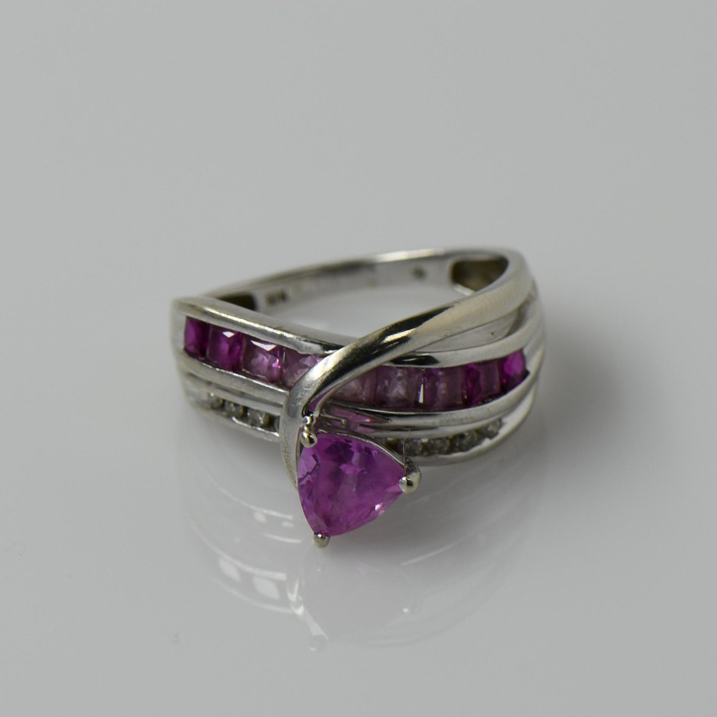 Pink Gradient Gemstone Trilliant & Princess Cut w Diamonds 10k White Gold Ring