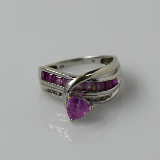 Pink Gradient Gemstone Trilliant & Princess Cut w Diamonds 10k White Gold Ring