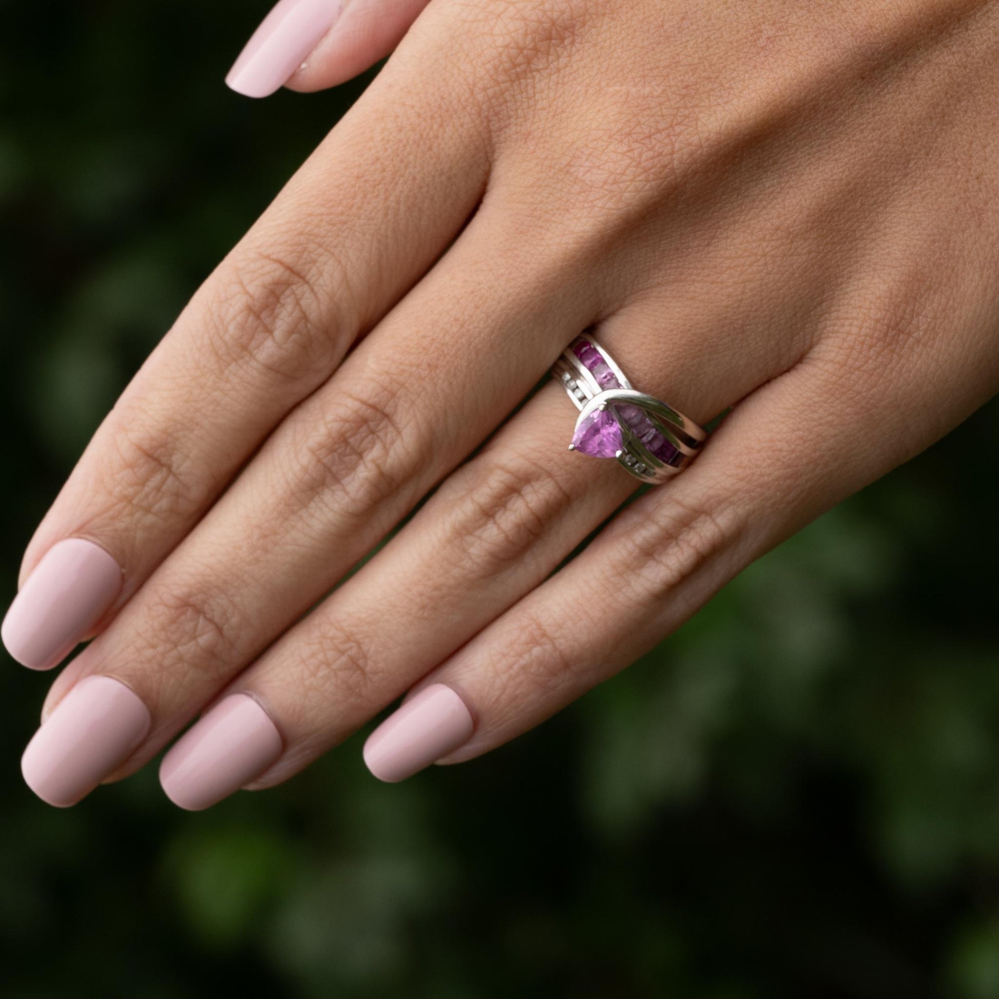 Pink Gradient Gemstone Trilliant & Princess Cut w Diamonds 10k White Gold Ring