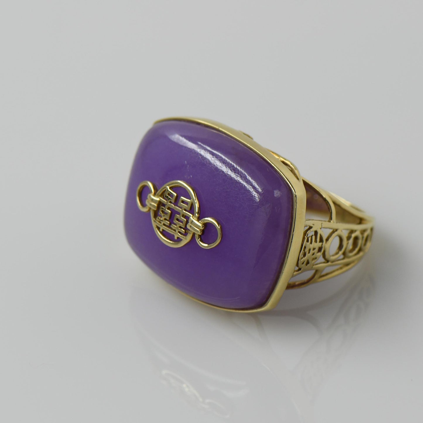 Purple Jade Double Happiness Chinese Symbol 14k Yellow Gold Ring