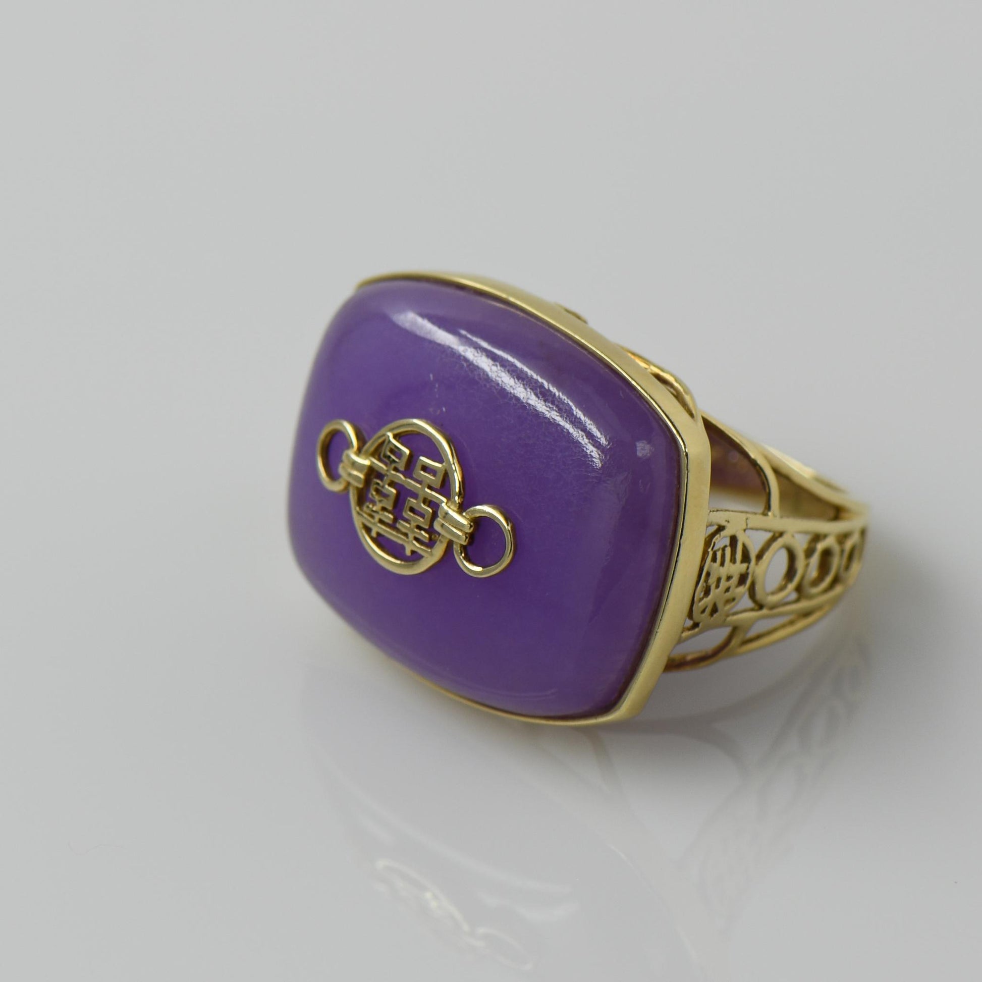 Purple Jade Double Happiness Chinese Symbol 14k Yellow Gold Ring