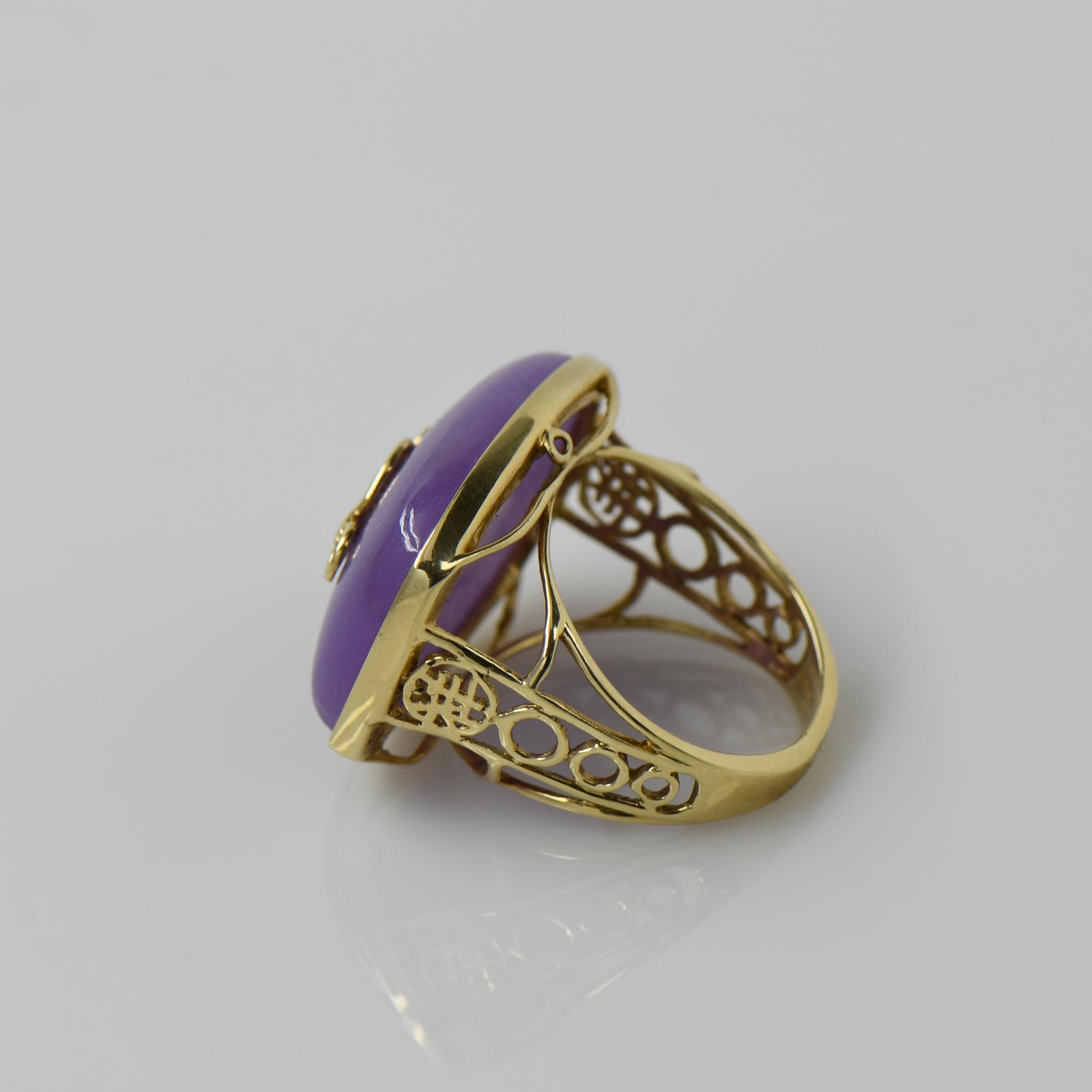 Purple Jade Double Happiness Chinese Symbol 14k Yellow Gold Ring