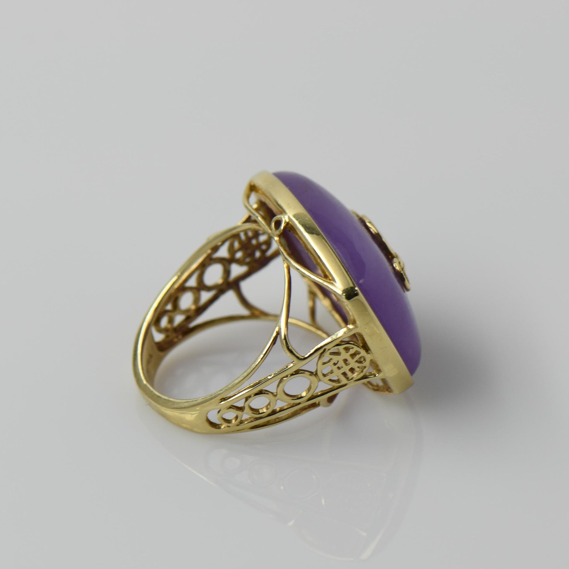 Purple Jade Double Happiness Chinese Symbol 14k Yellow Gold Ring