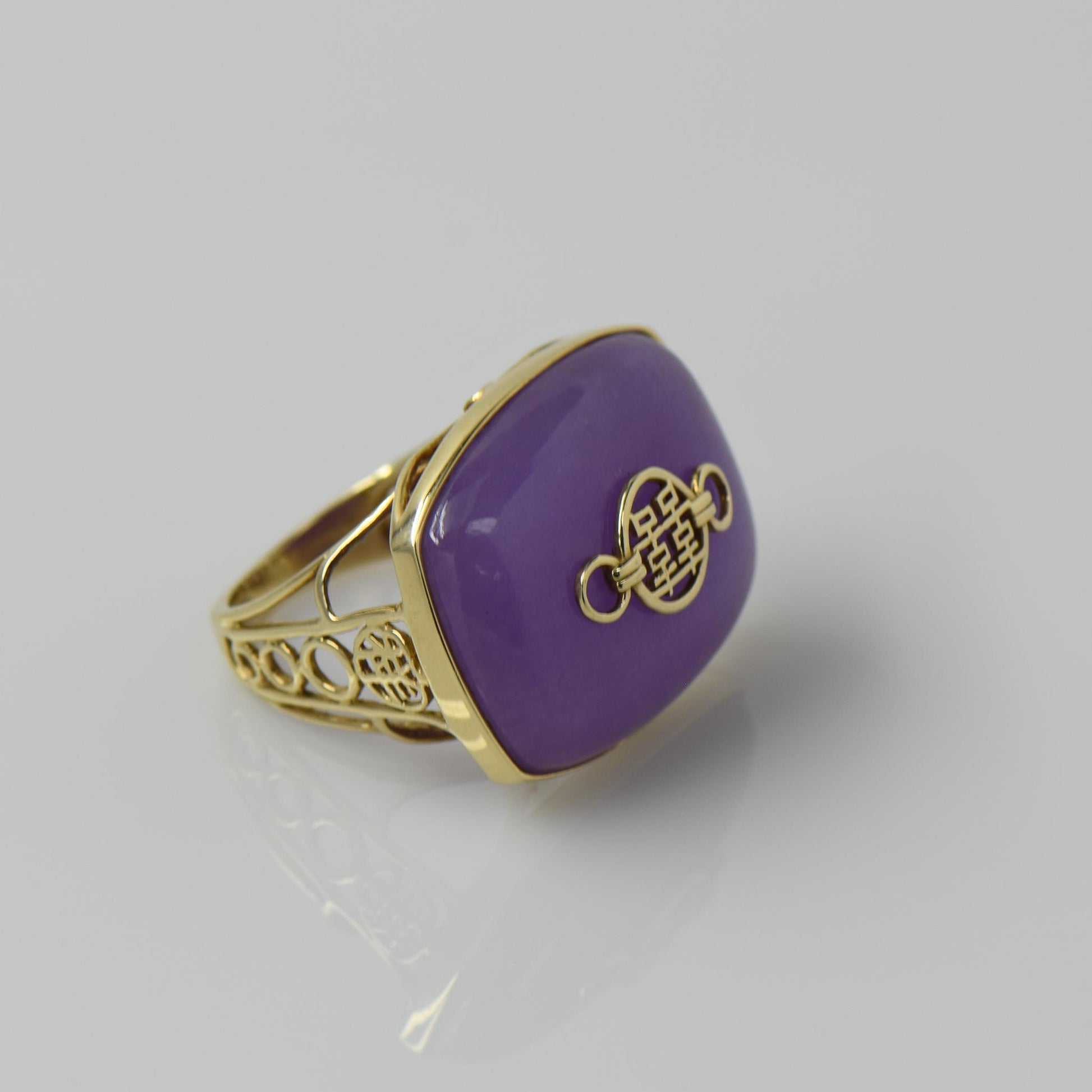 Purple Jade Double Happiness Chinese Symbol 14k Yellow Gold Ring