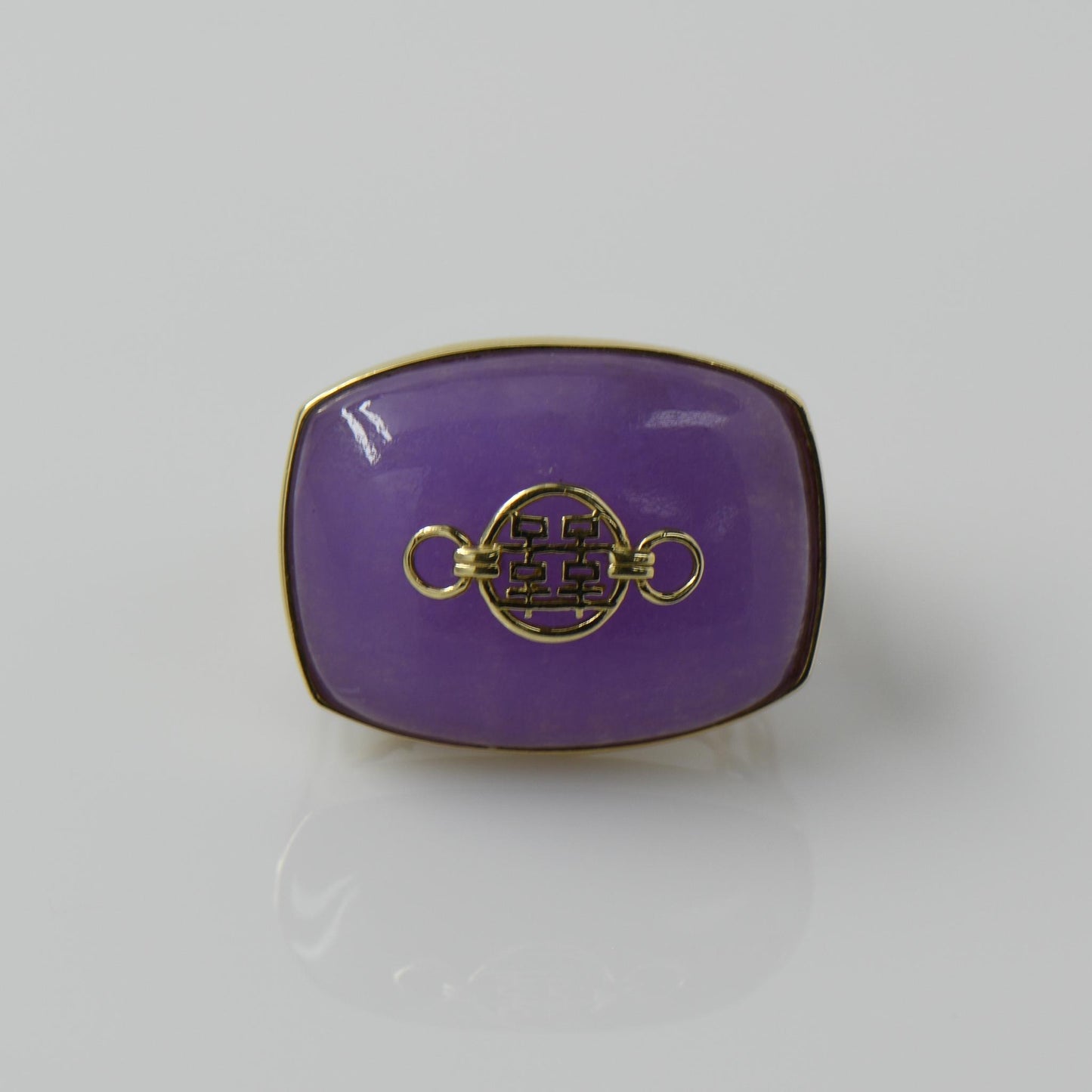 Purple Jade Double Happiness Chinese Symbol 14k Yellow Gold Ring