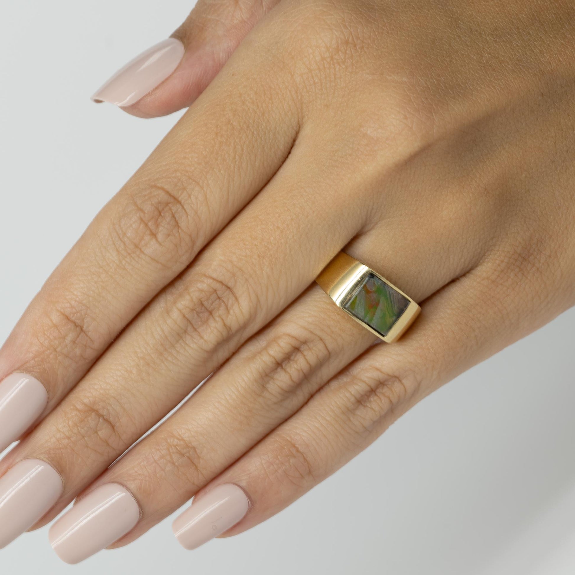 Ammolite Multicolor Gemstone Ring 14k Yellow Gold Unisex Band