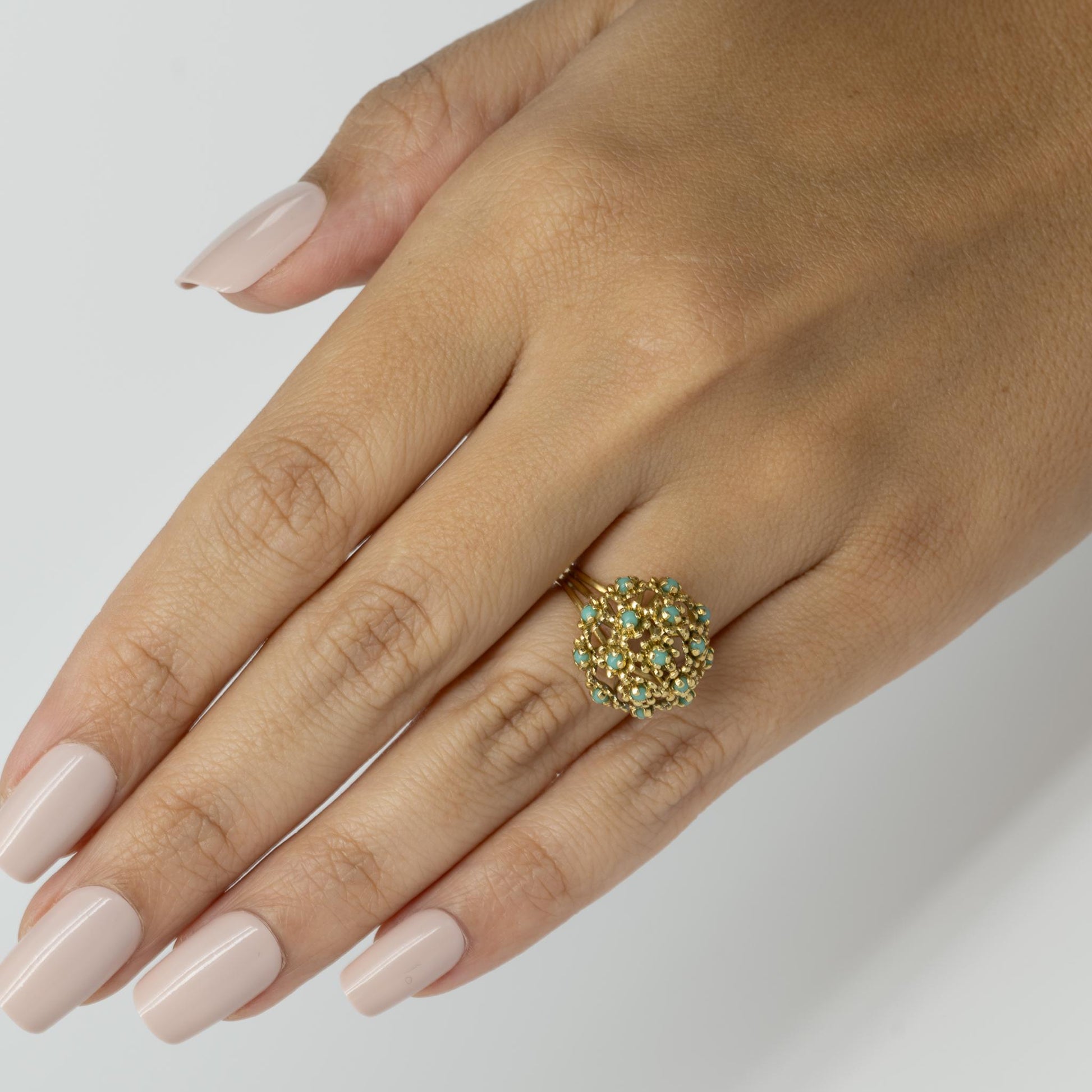 Turquoise Flower Ball 18K Yellow Gold Ring