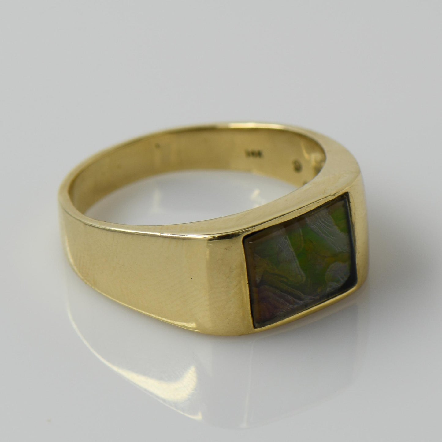 Ammolite Multicolor Gemstone Ring 14k Yellow Gold Unisex Band