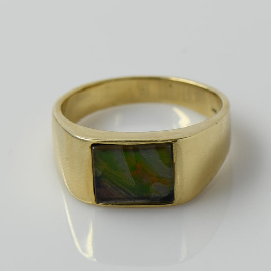 Ammolite Multicolor Gemstone Ring 14k Yellow Gold Unisex Band