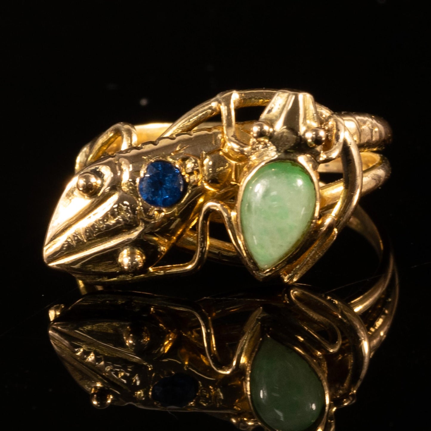 Jade Snake & Frog 18k Yellow Gold Ring