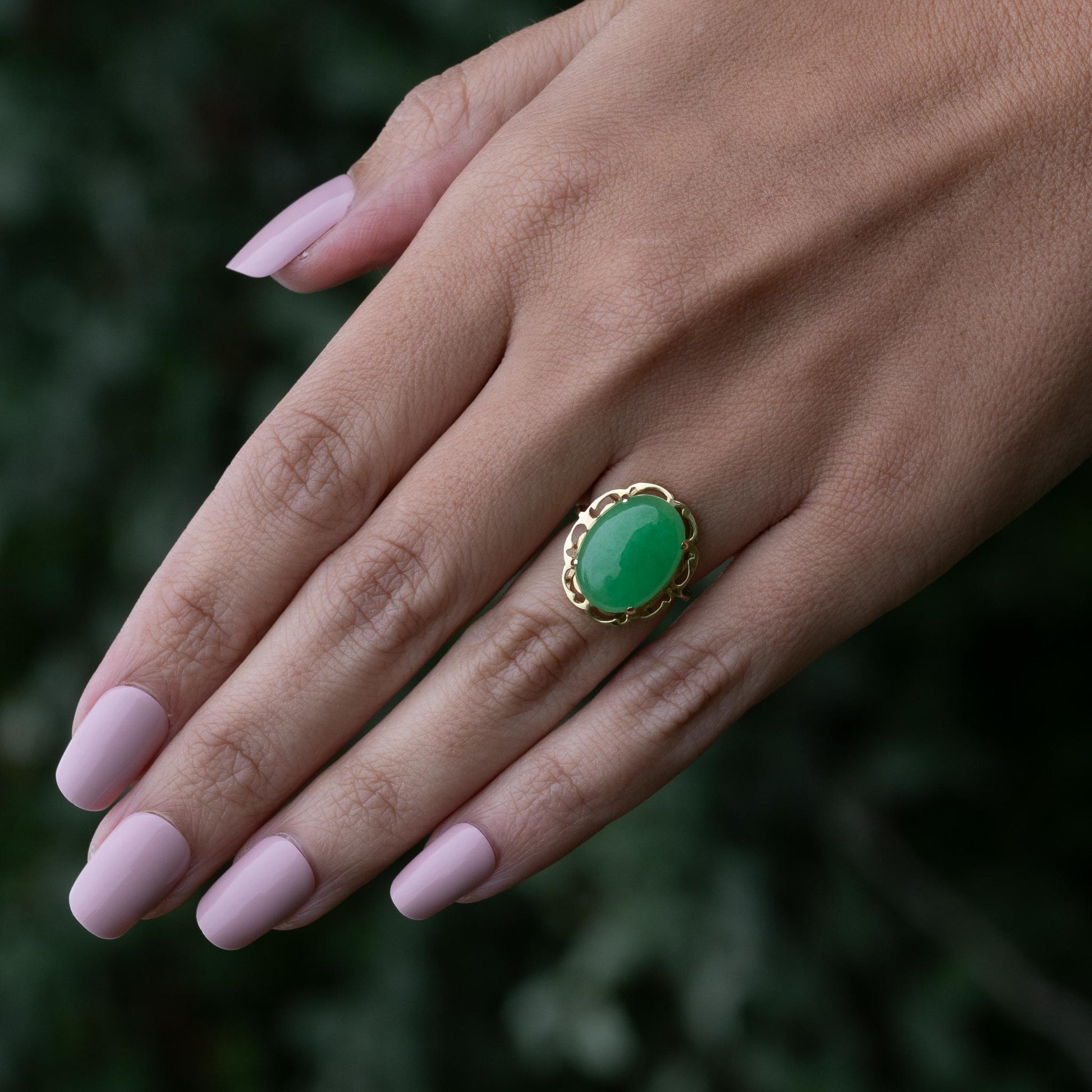 Green Jade Oval 14K Yellow Gold Ring