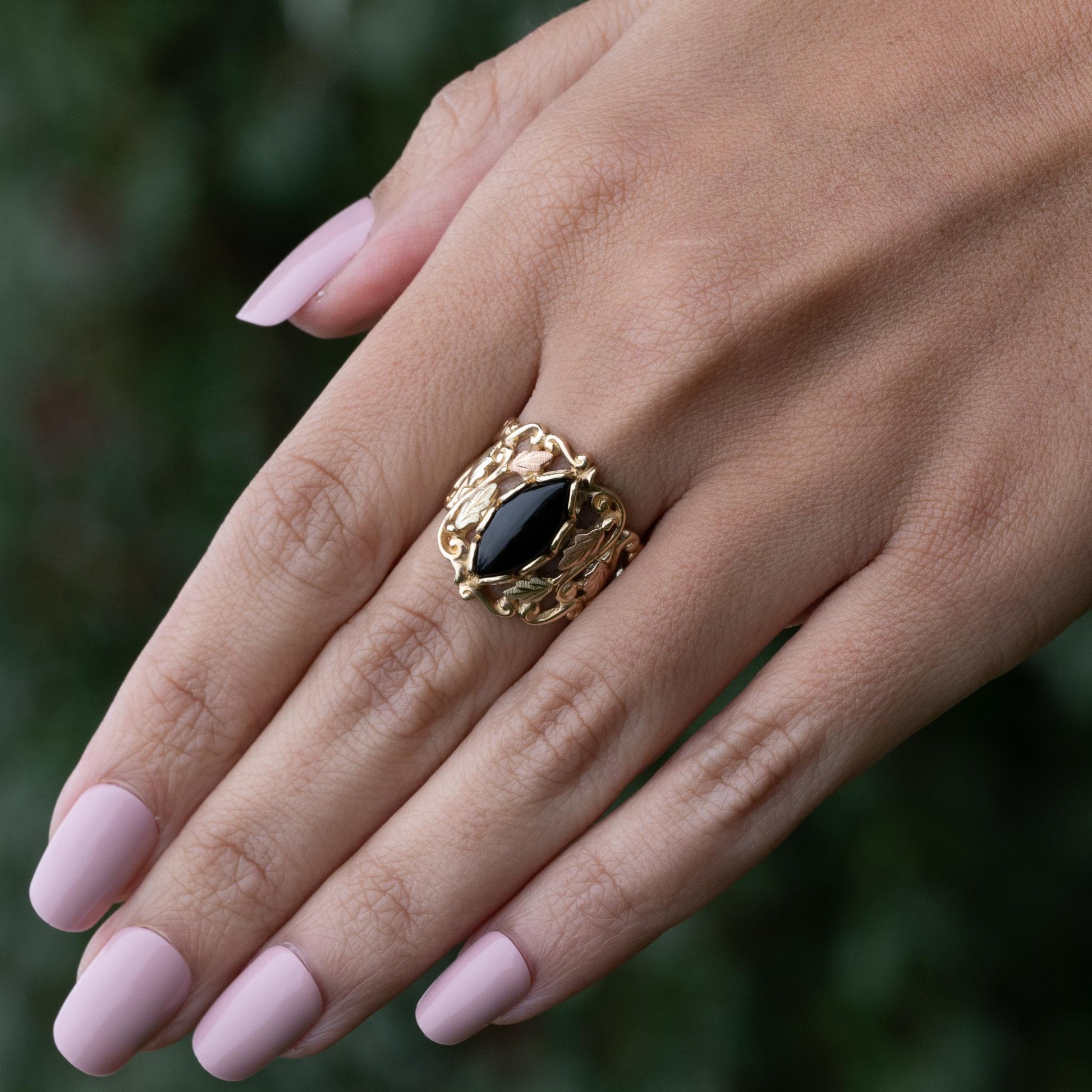 Black Onyx Marquise Black Hills Gold Leaf Vine Wide Band