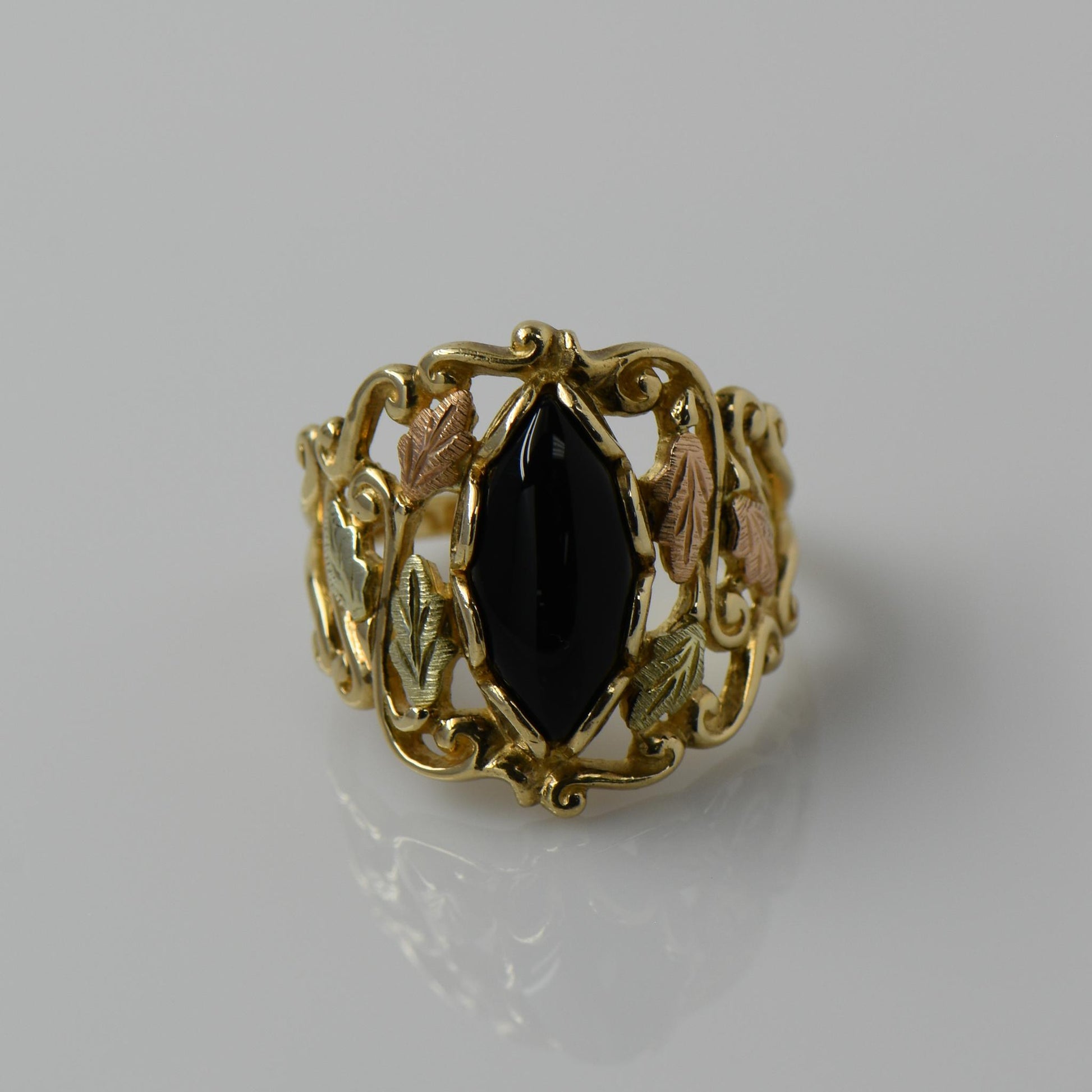 Black Onyx Marquise Black Hills Gold Leaf Vine Wide Band