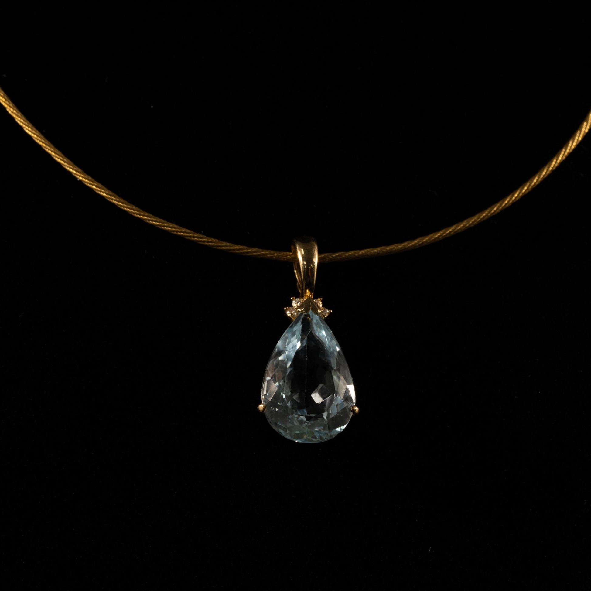 8.5ct Aquamarine Pear 14k Yellow Gold Pendant w Diamonds