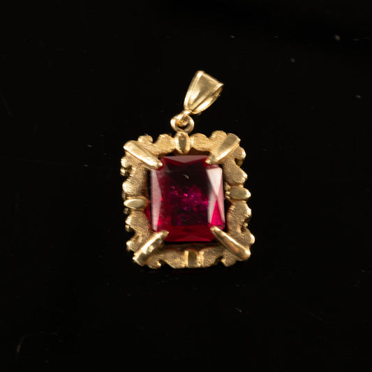 Vintage Ruby Rectangular Radiant 14k Gold Frame Pendant