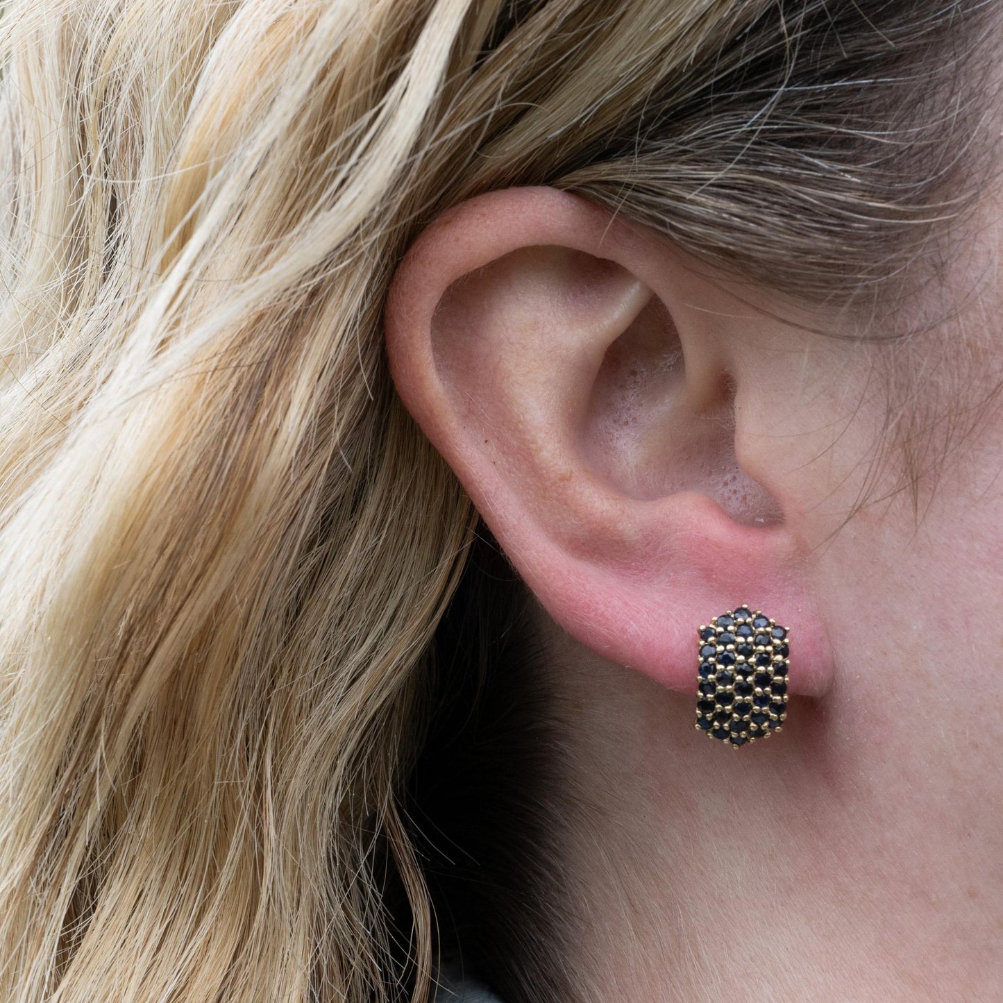 Blue Sapphire Pave Hexagon Yellow Gold Earrings