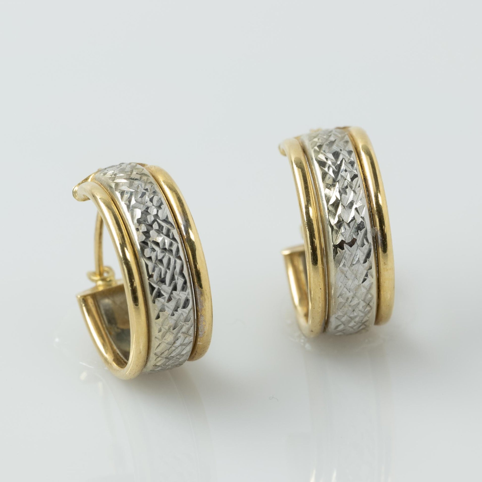 18 Karat Two Tone White & Yellow Gold Textured Small Hoop Earrings